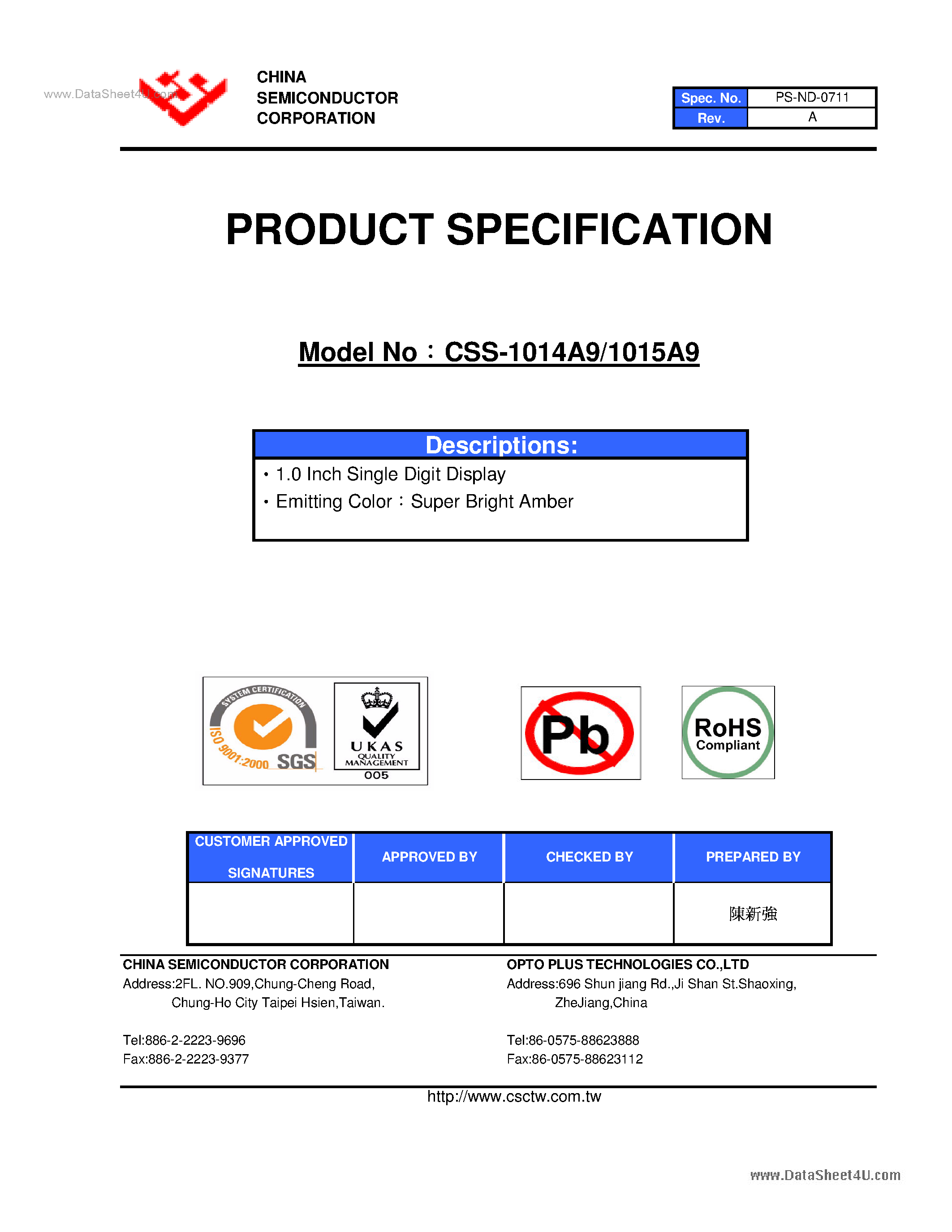 Datasheet CSS-1014A9 page 1 Datasheet CSS-1014A9 - (CSS-1014A9 / CSS-1015A9) 1.0 Inch Single Digit Display page 1