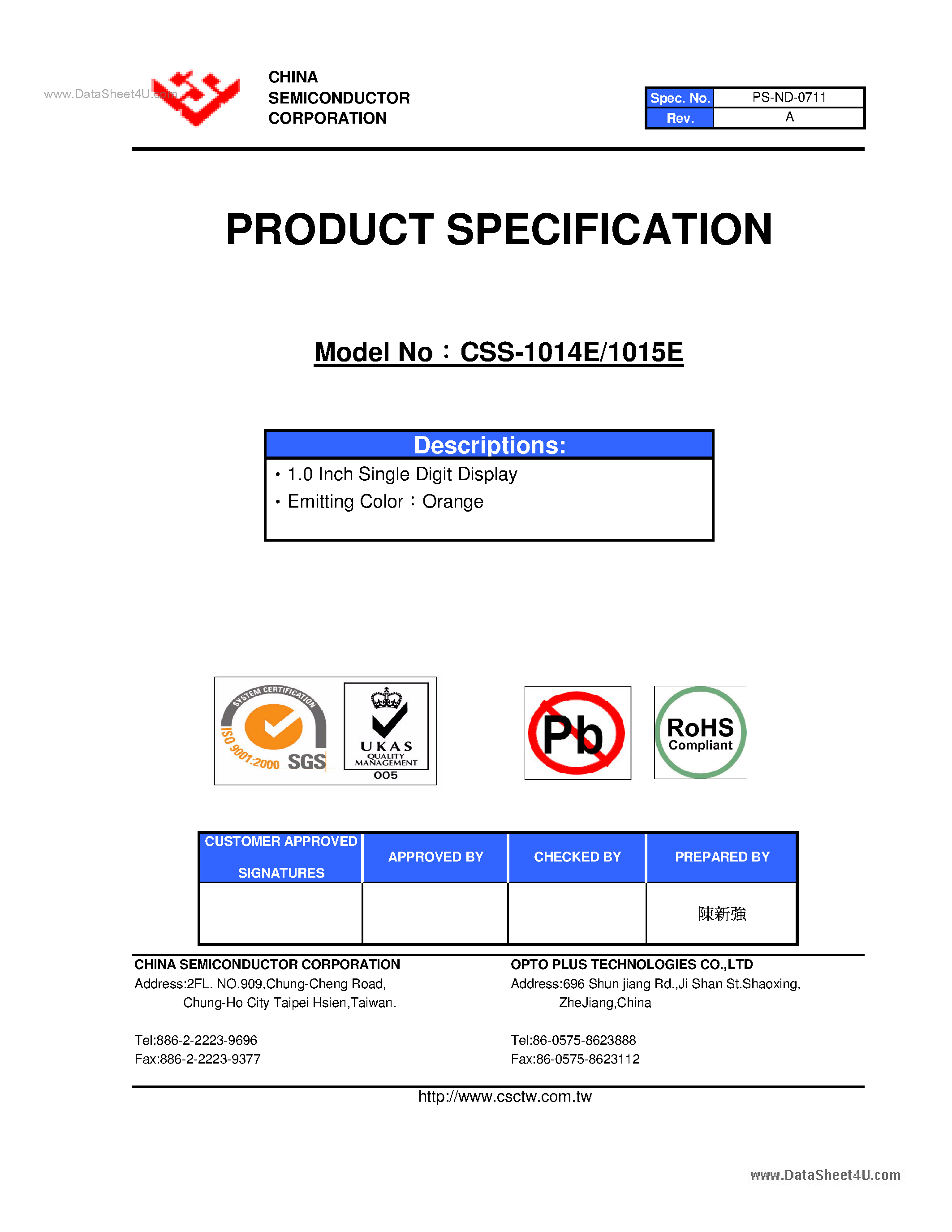 Datasheet CSS-1014E page 1 Datasheet CSS-1014E - (CSS-1014E / CSS-1015E) 1.0 Inch Single Digit Display page 1