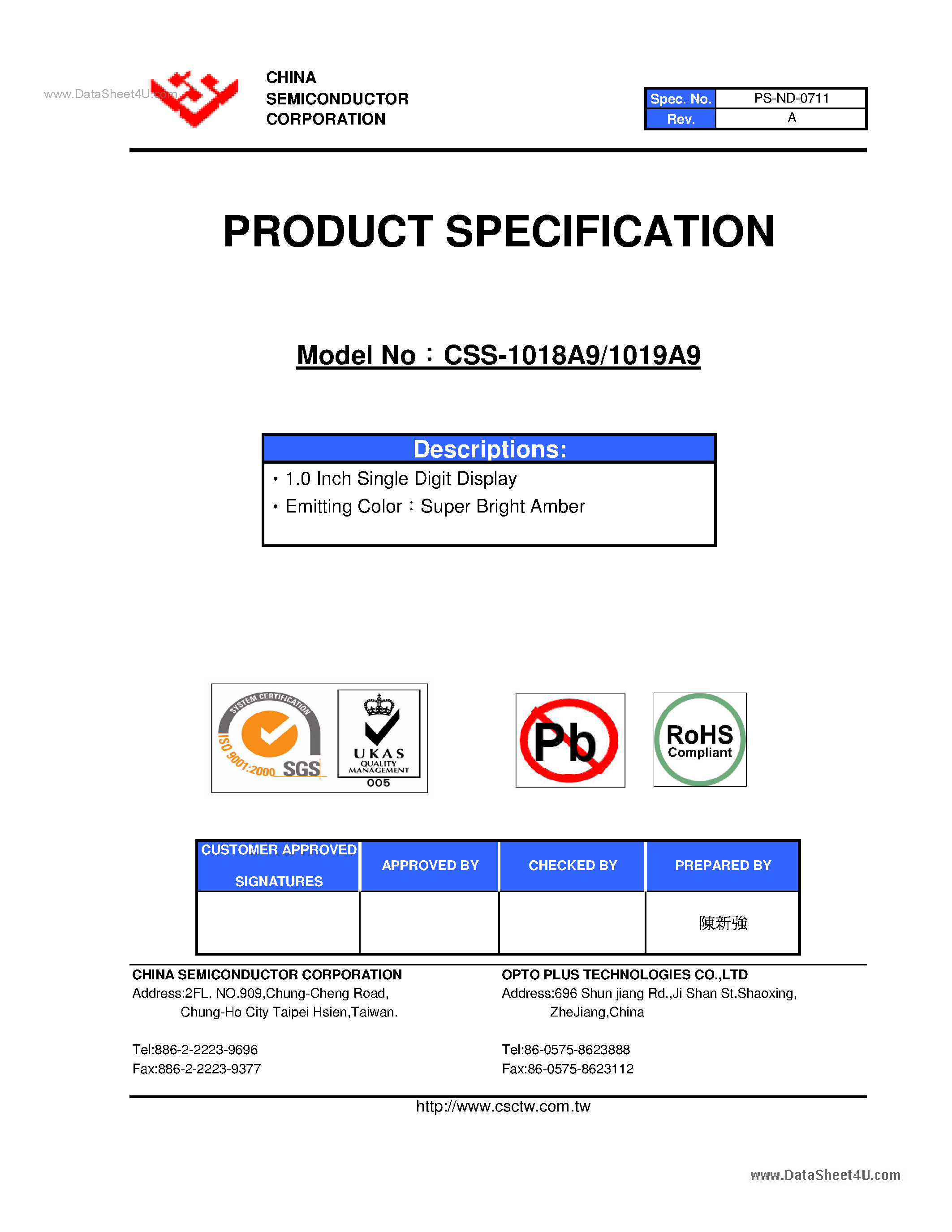 Datasheet CSS-1018A9 page 1 Datasheet CSS-1018A9 - (CSS-1018A9 / CSS-1019A9) 1.0 Inch Single Digit Display page 1