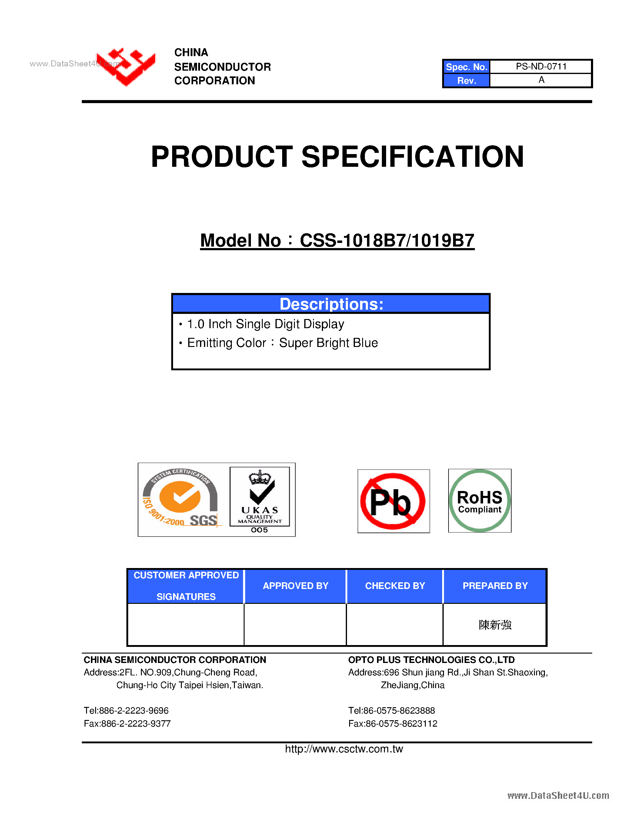 Datasheet CSS-1018B7 page 1 Datasheet CSS-1018B7 - (CSS-1018B7 / CSS-1019B7) 1.0 Inch Single Digit Display page 1