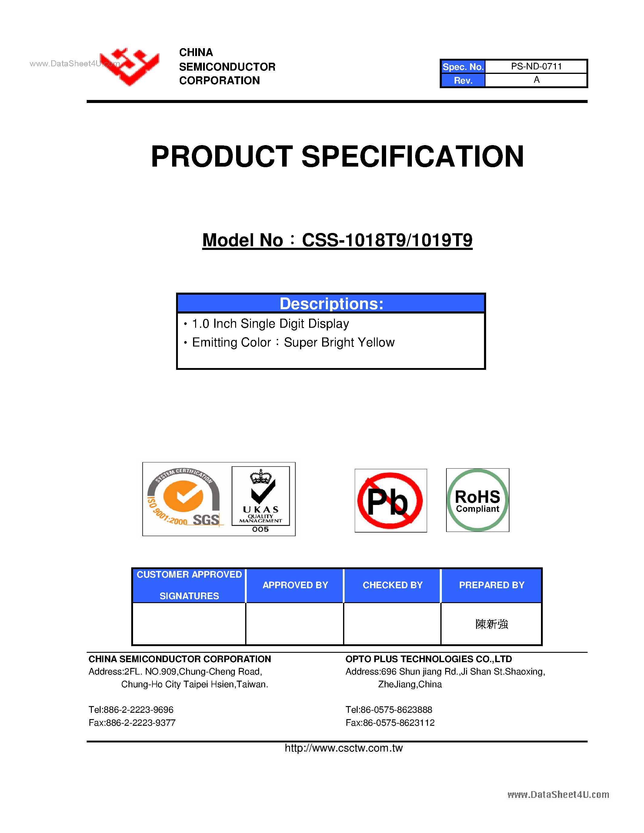 Datasheet CSS-1018T9 page 1 Datasheet CSS-1018T9 - (CSS-1018T9 / CSS-1019T9) 1.0 Inch Single Digit Display page 1