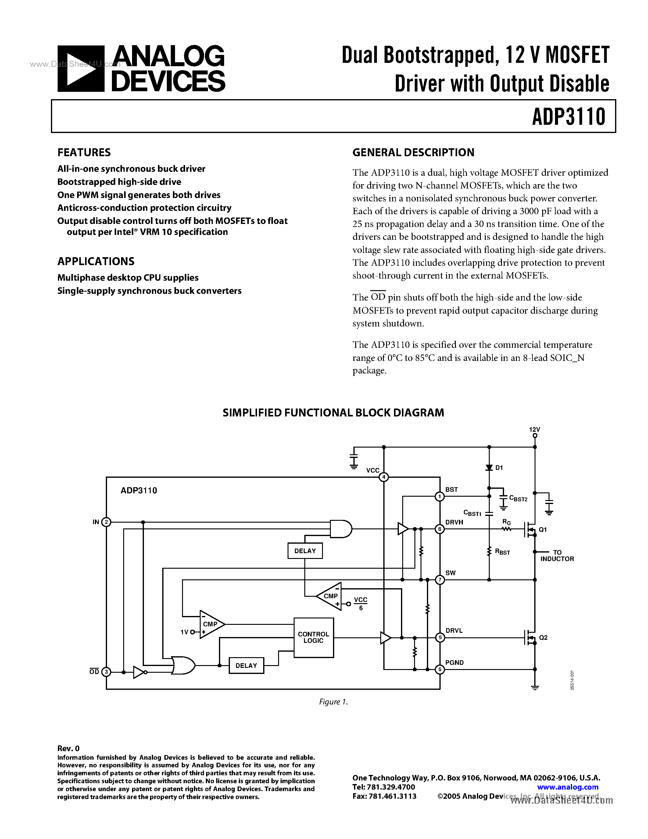 Datasheet ADP3110 - 12V MOSFET Driver page 1