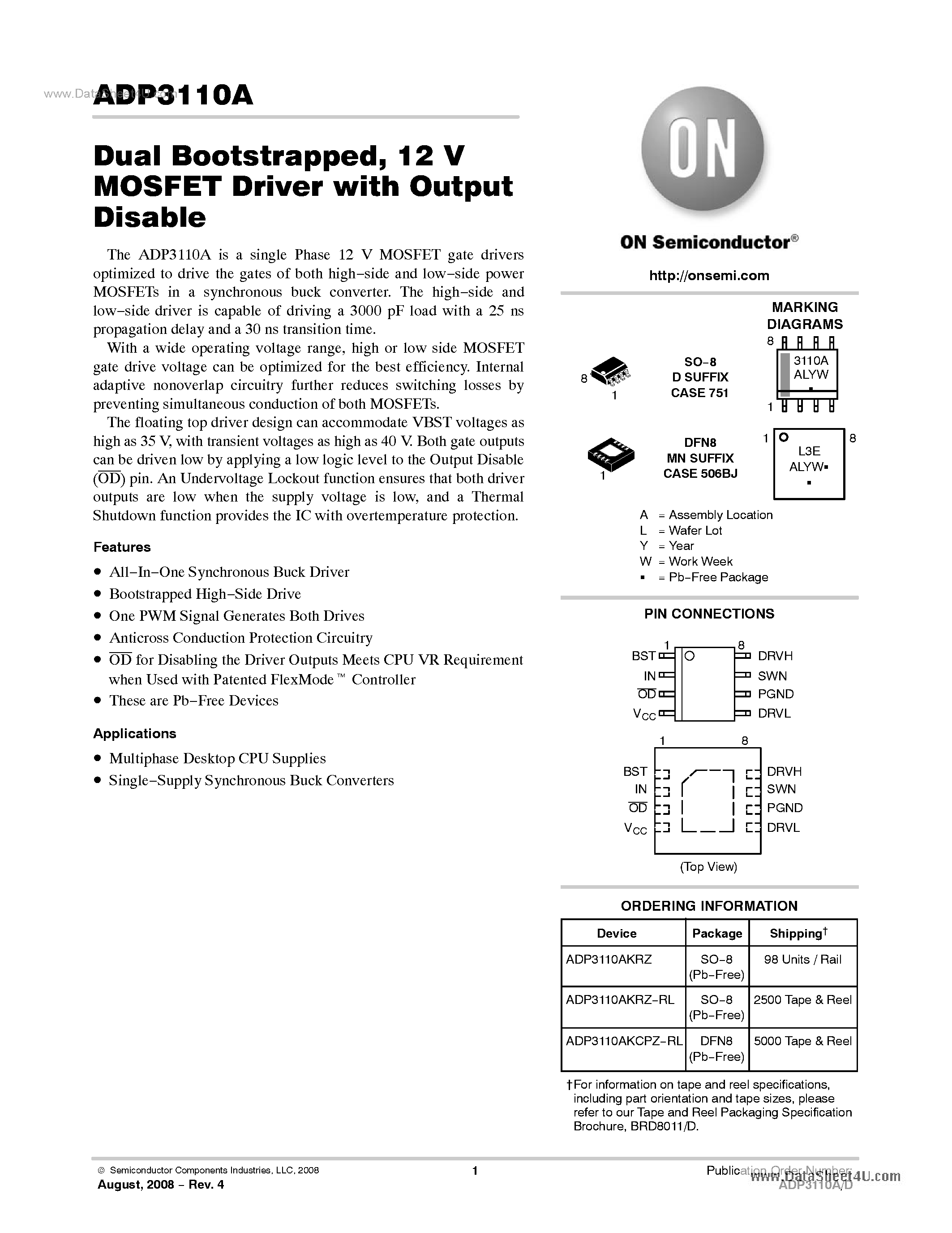 Datasheet ADP3110A - 12V MOSFET Driver page 1