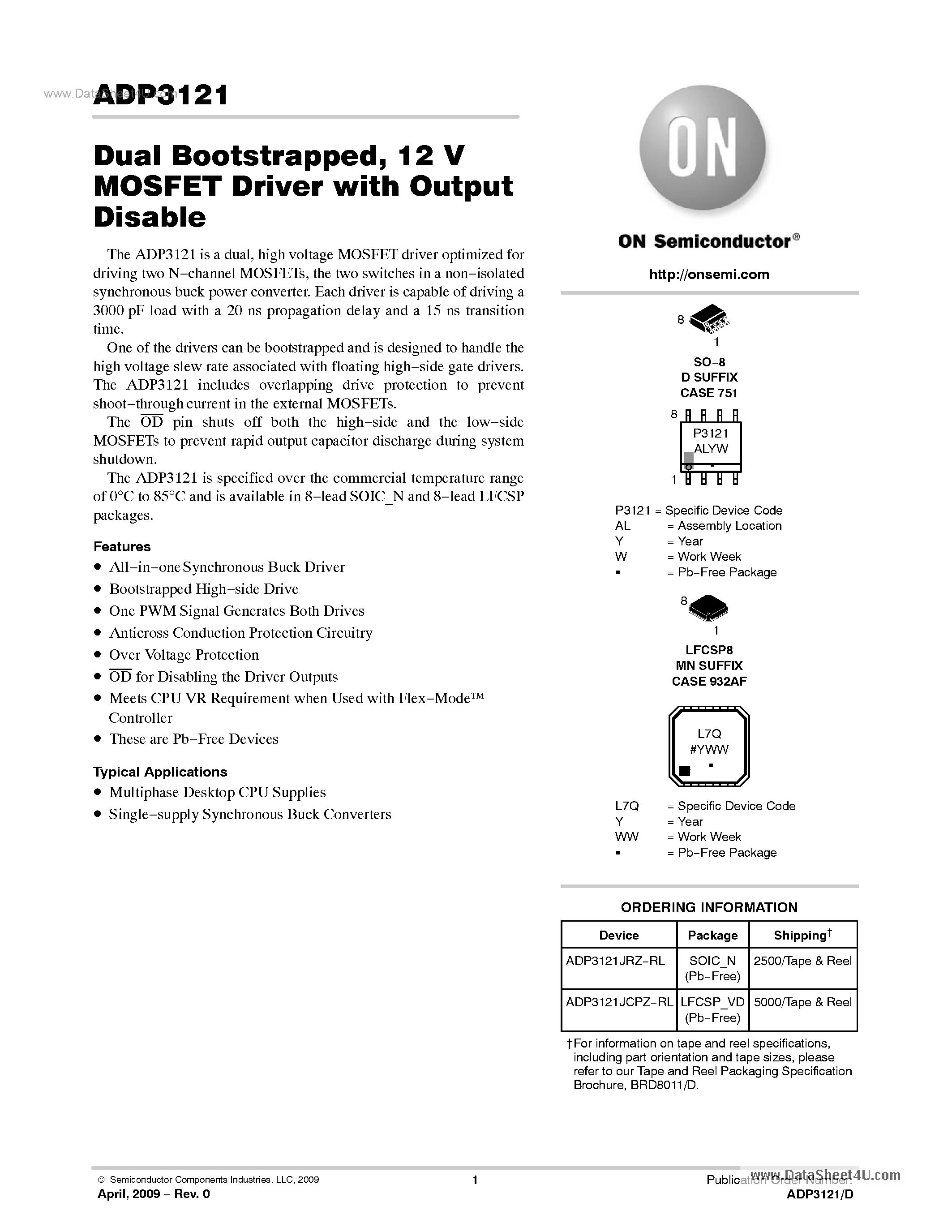 Datasheet ADP3121 - 12V MOSFET Driver page 1