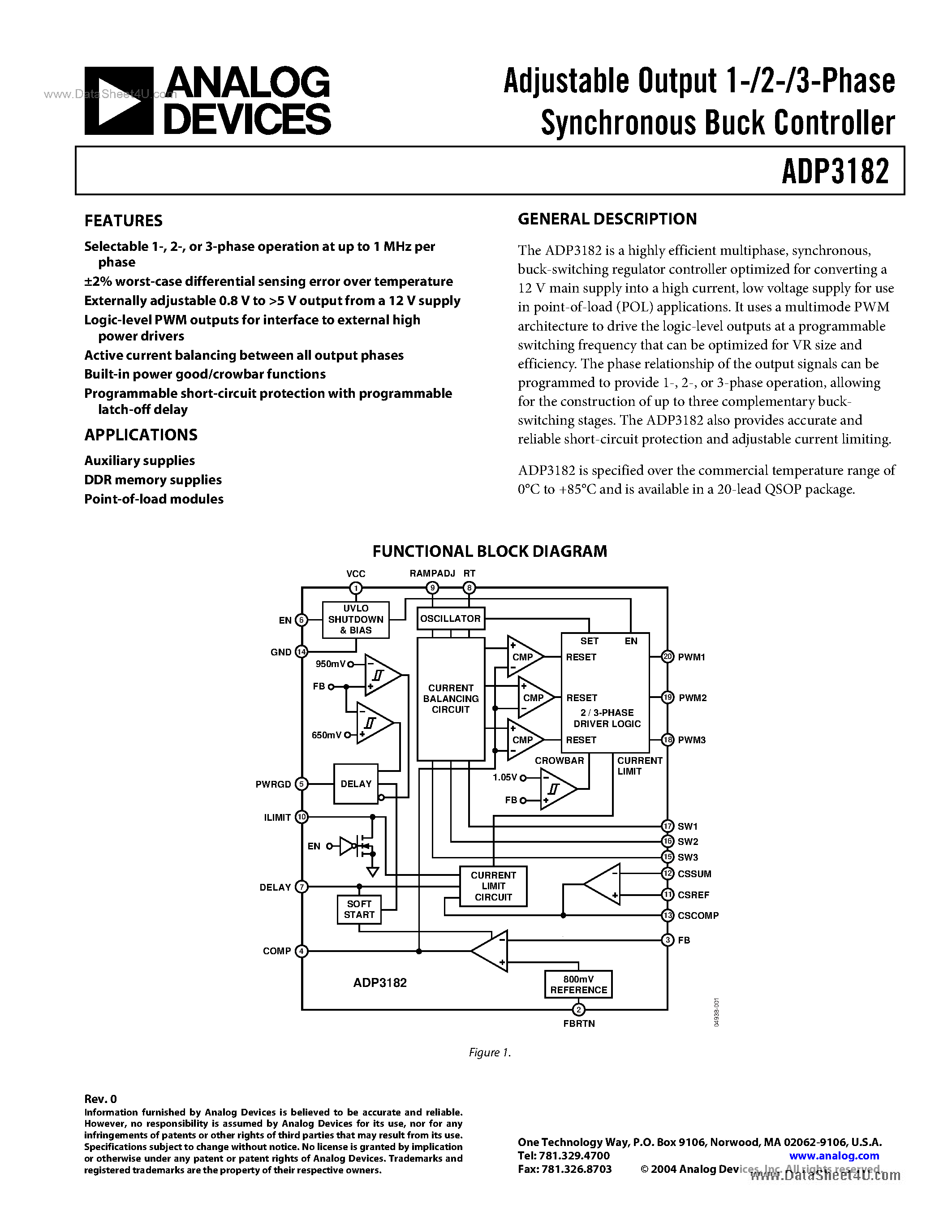 Datasheet ADP3182 - Adjustable Output 1-/2-/3-Phase Synchronous Buck Controller page 1