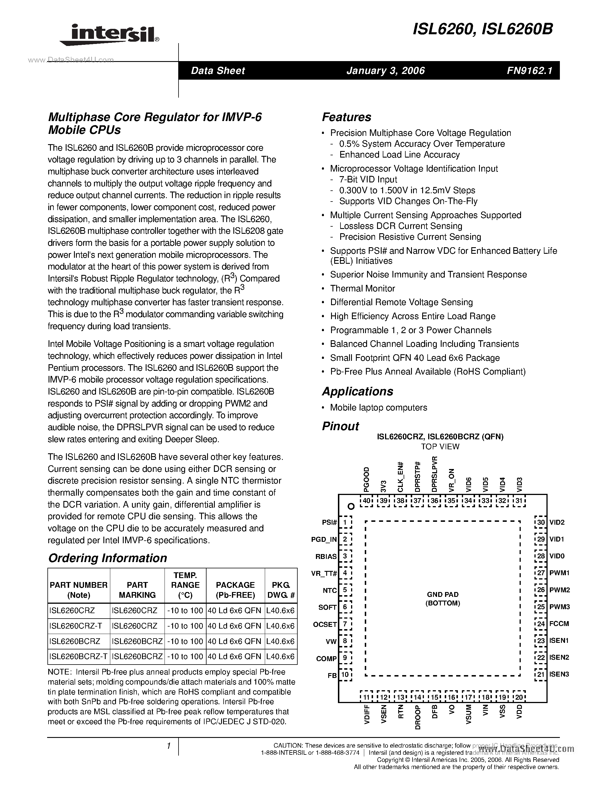 Datasheet ISL6260 page 1 Datasheet ISL6260 - Multi-Phase Core Regulator page 1