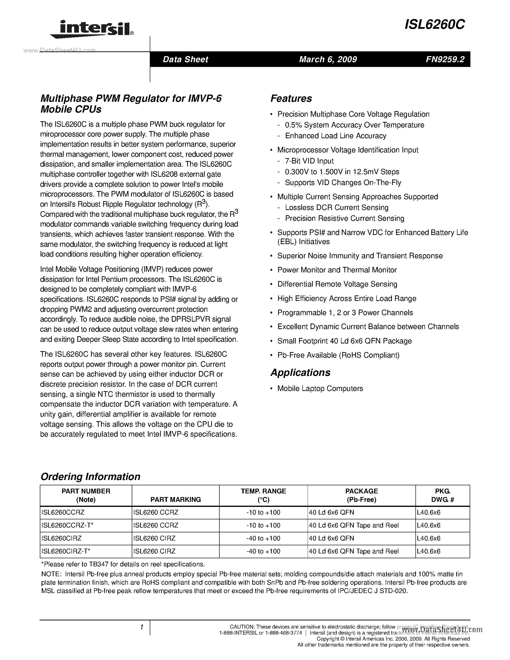 Datasheet ISL6260C page 1 Datasheet ISL6260C - Multiphase PWM Regulator page 1