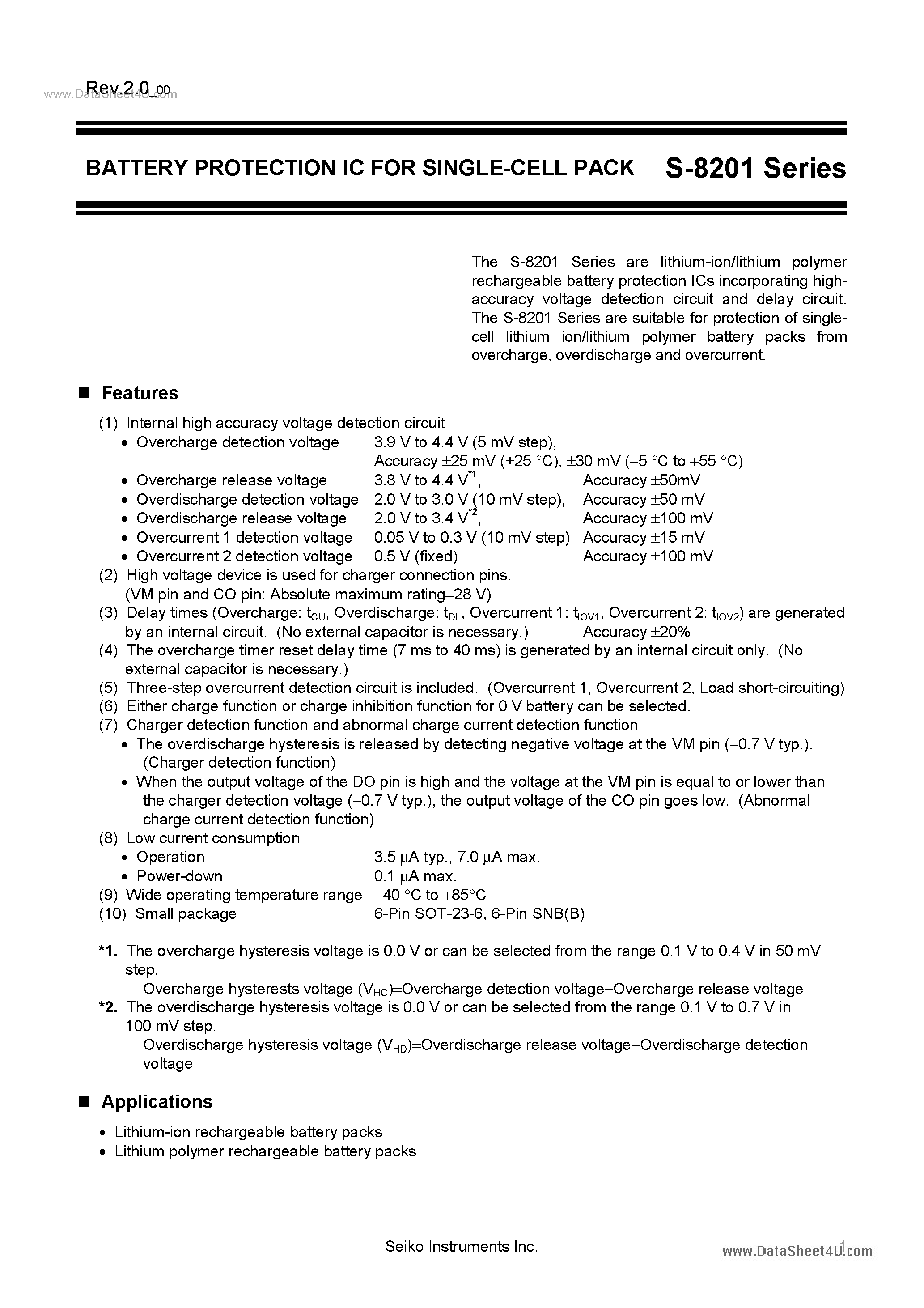 Datasheet S-8201 - Battery Protection IC page 1