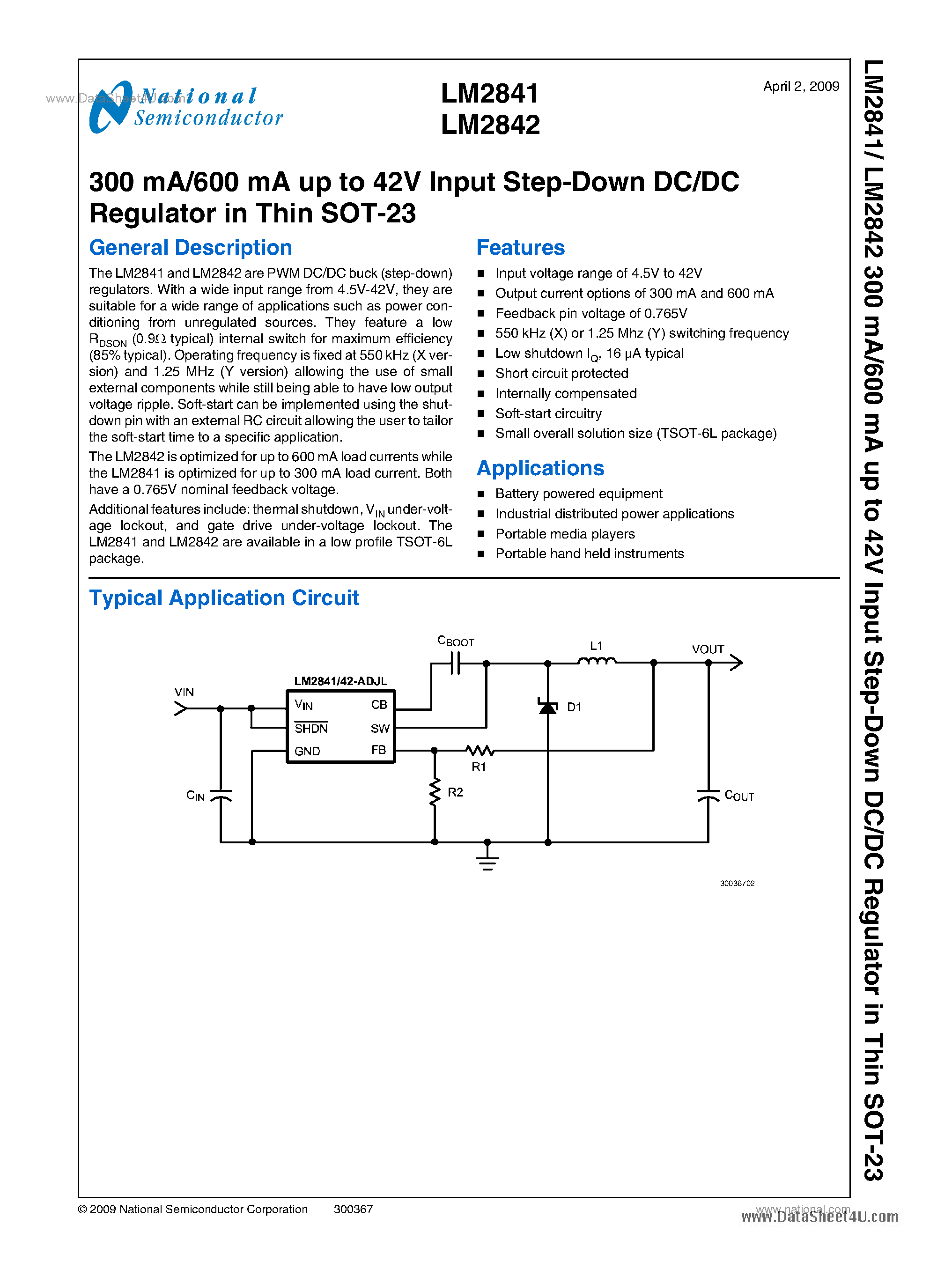 Datasheet LM2841 - (LM2841 / LM28420) 300 MA/600 MA Up To 42V Input Step-Down DC/DC Regulator page 1