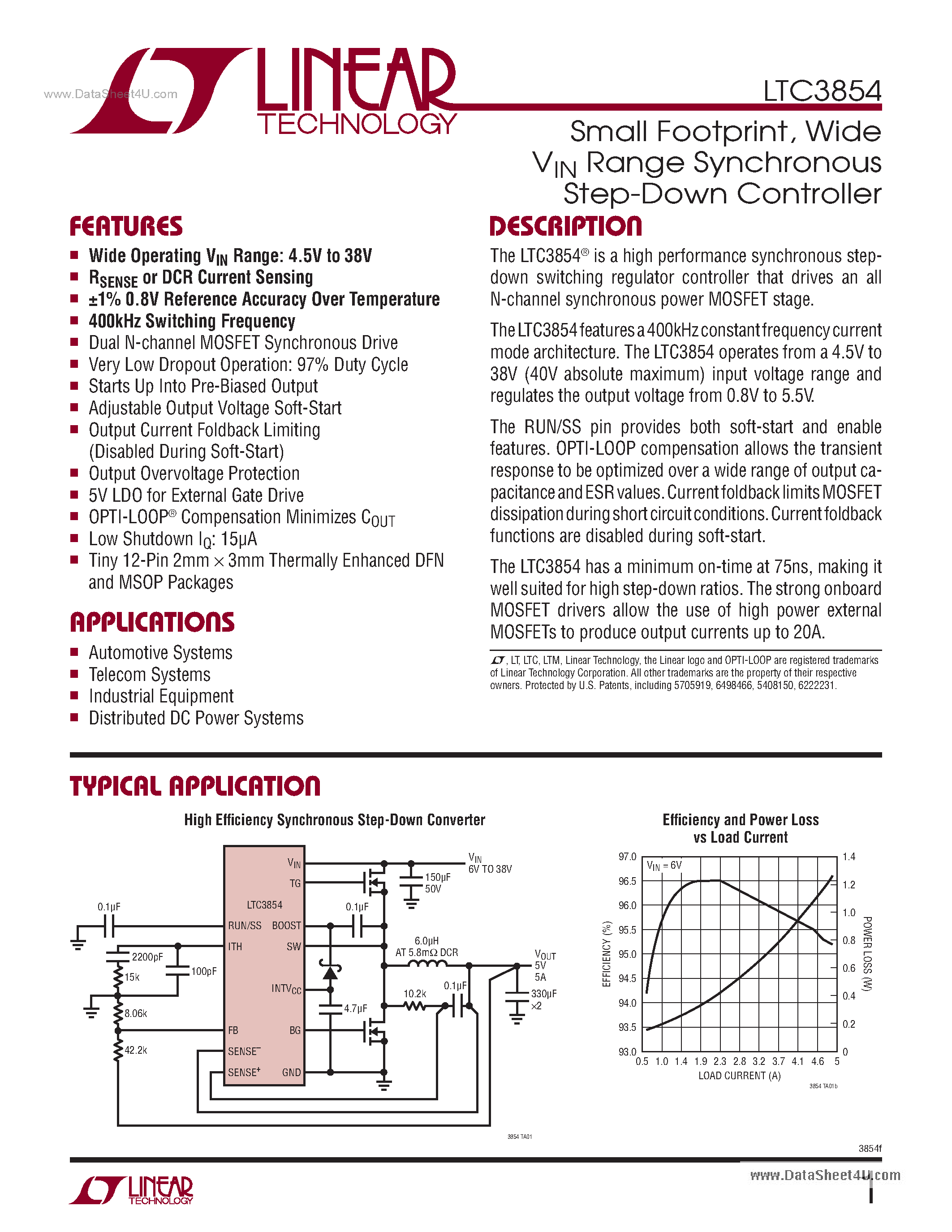 Datasheet LTC3854 - Wide VIN Range Synchronous Step-Down Controller page 1