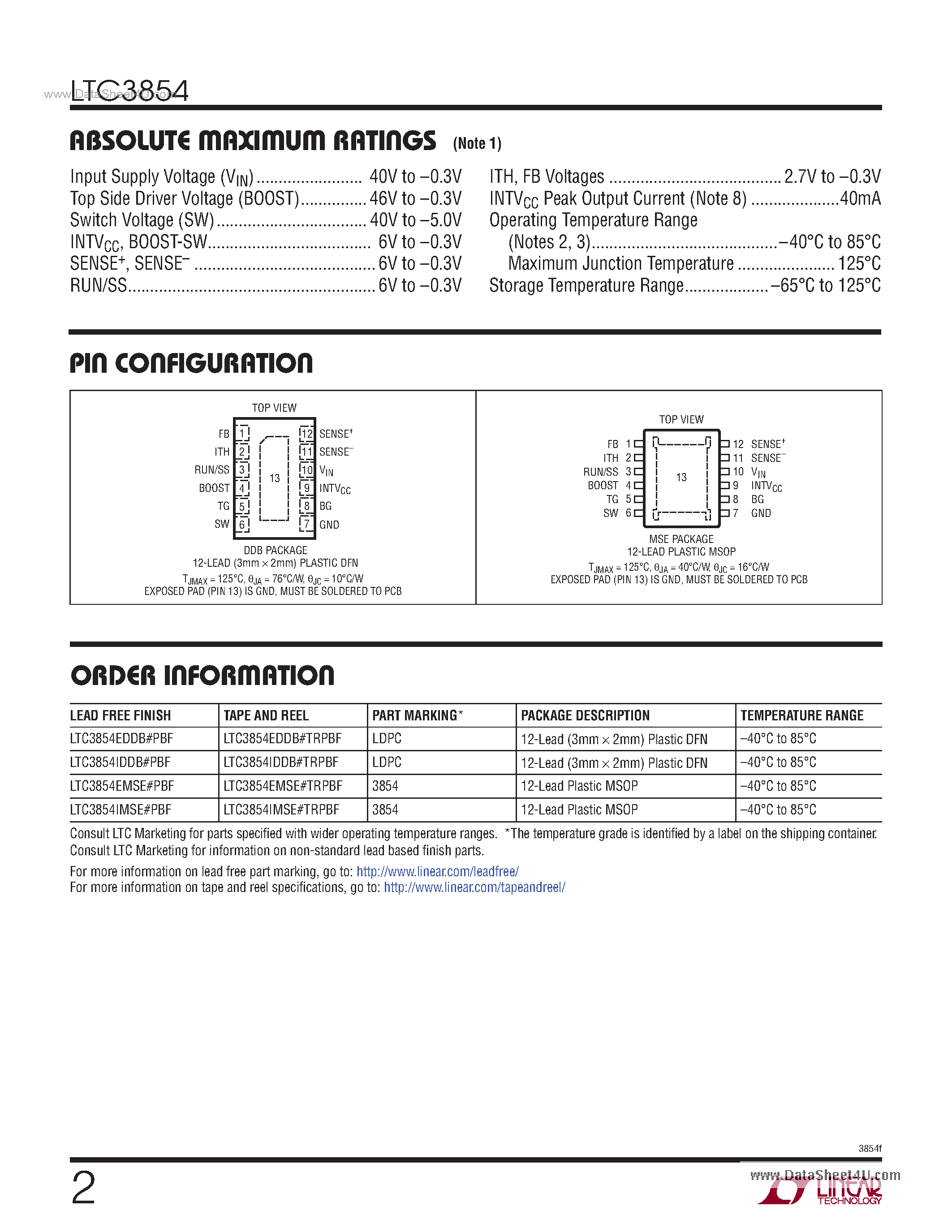 Datasheet LTC3854 - Wide VIN Range Synchronous Step-Down Controller page 2