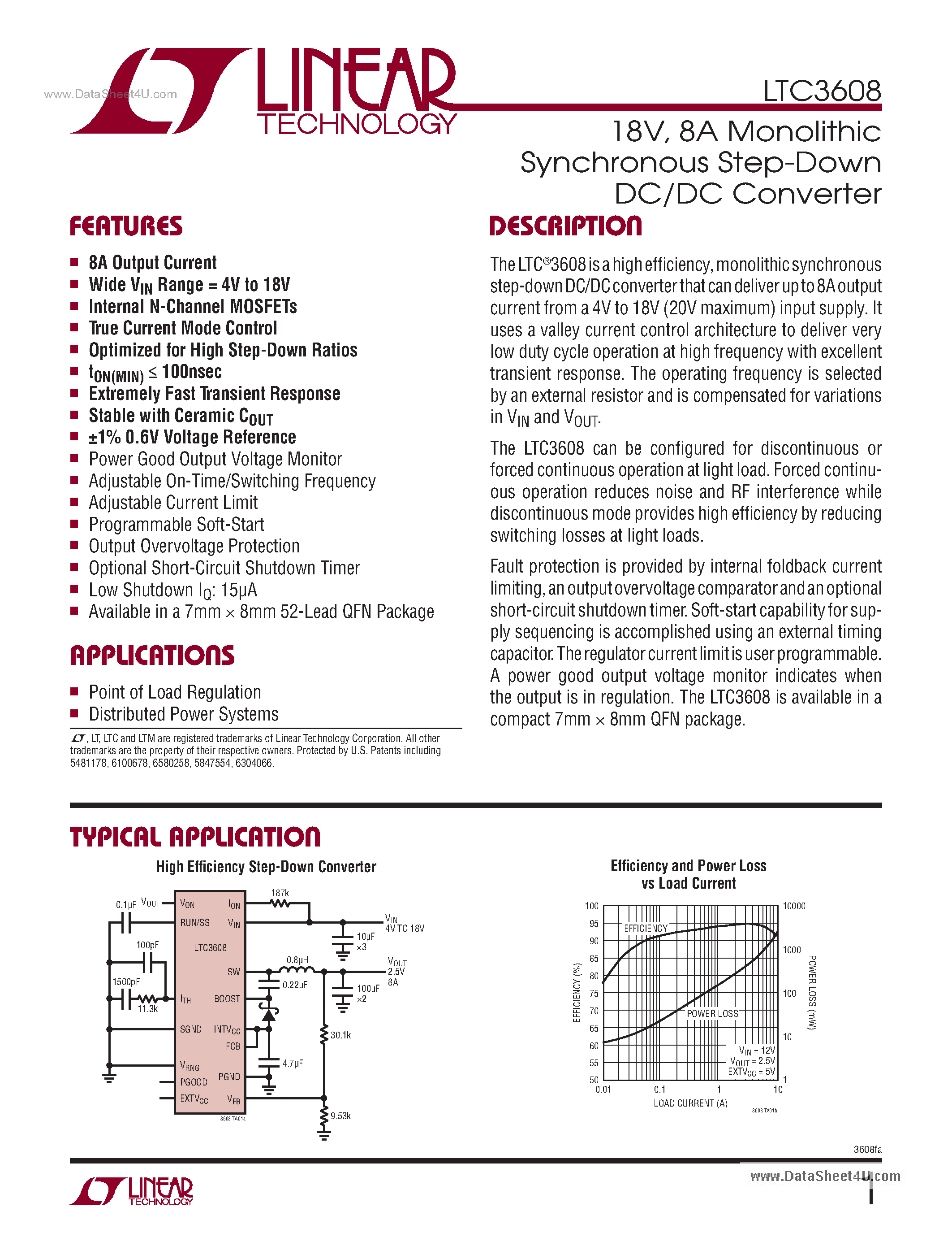 Datasheet LTC3608 - 8A Monolithic Synchronous Step-Down DC/DC Converter page 1