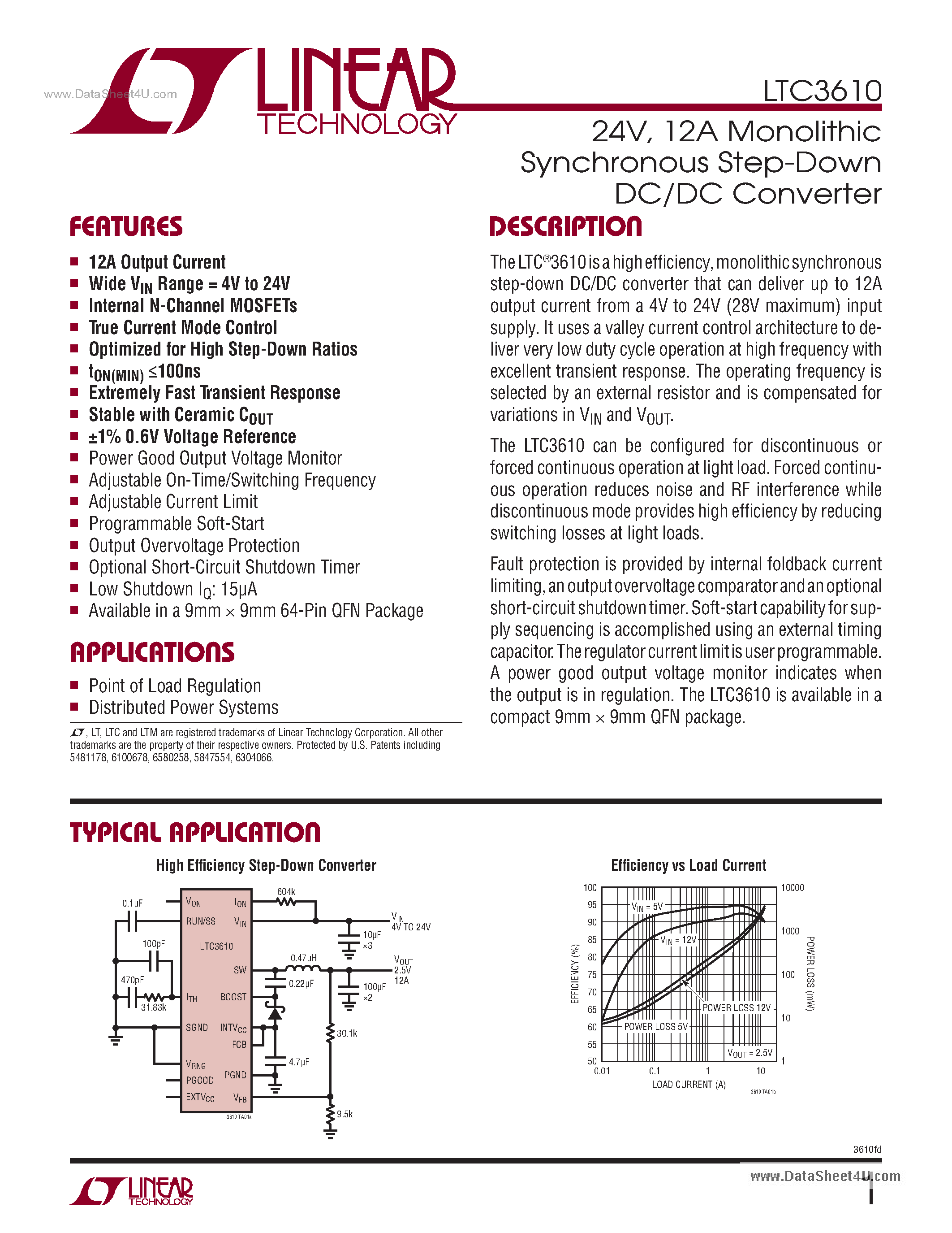 Datasheet LTC3610 - 12A Monolithic Synchronous Step-Down DC/DC Converter page 1