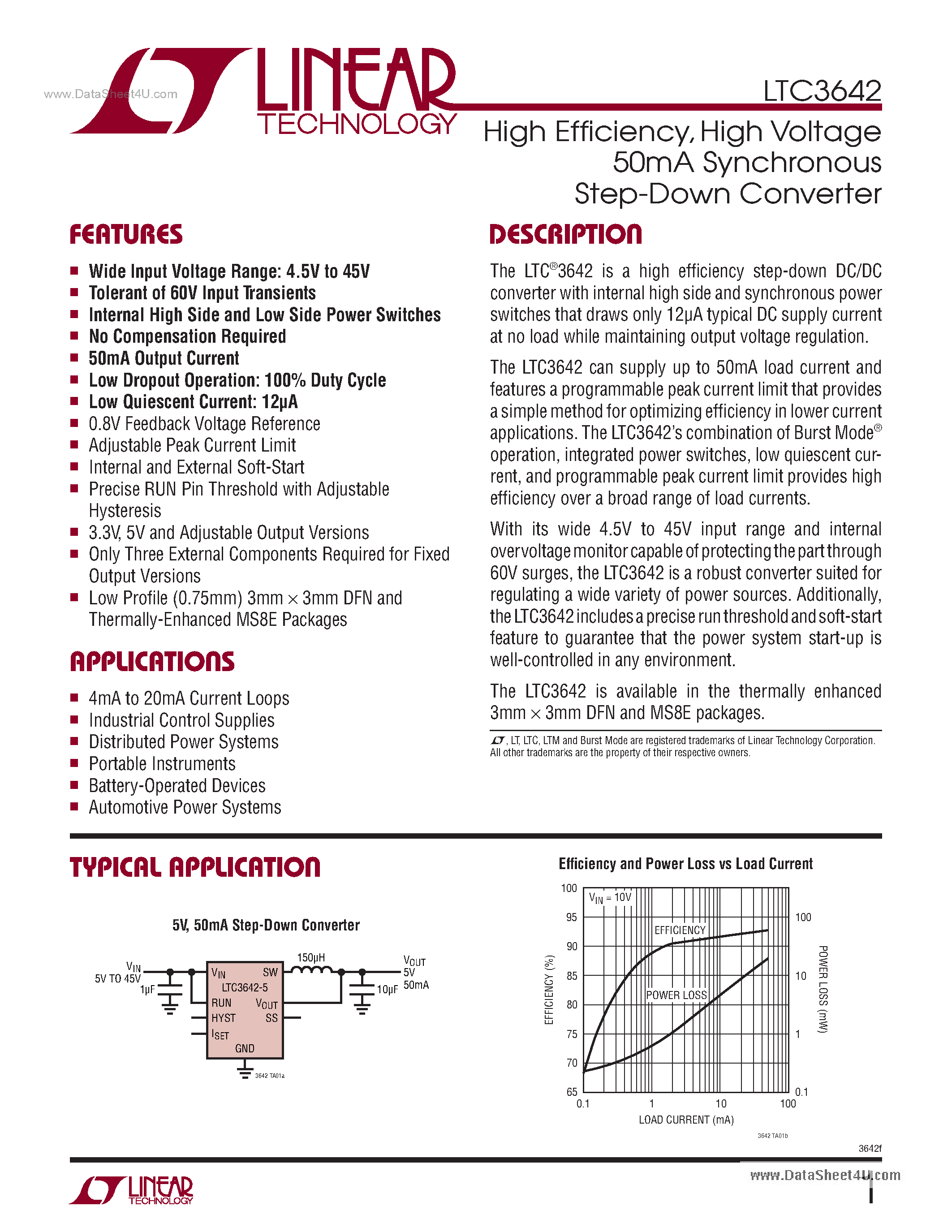 Datasheet LTC3642 - High Voltage 50mA Synchronous Step-Down Converter page 1