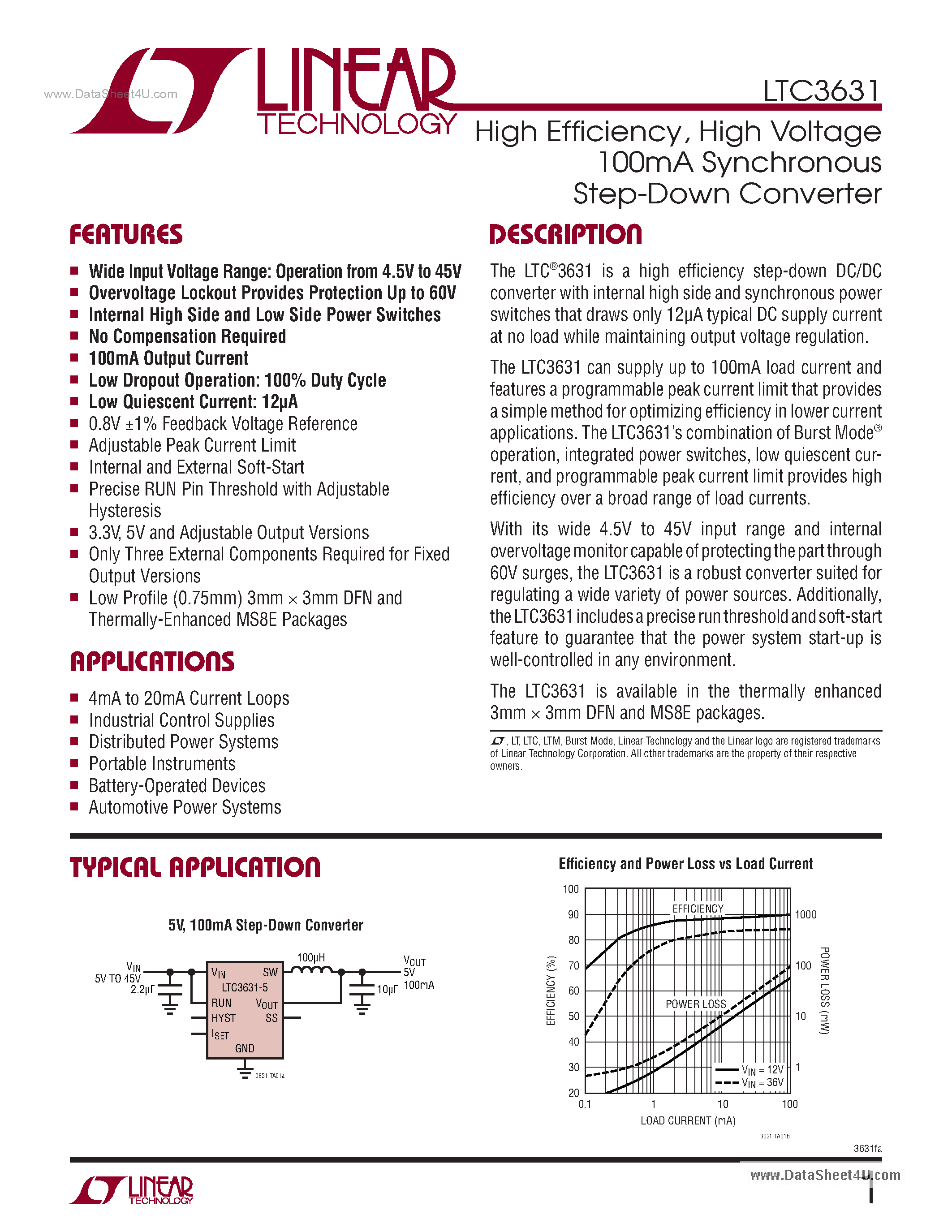 Datasheet LTC3631 - High Voltage 100mA Synchronous Step-Down Converter page 1