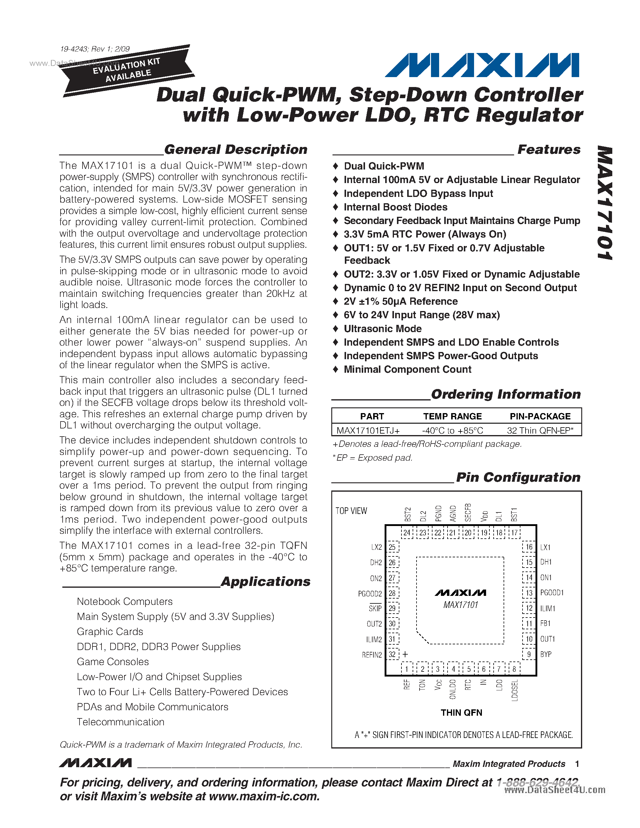 Datasheet MAX17101 page 1 Datasheet MAX17101 - Step-Down Controller page 1