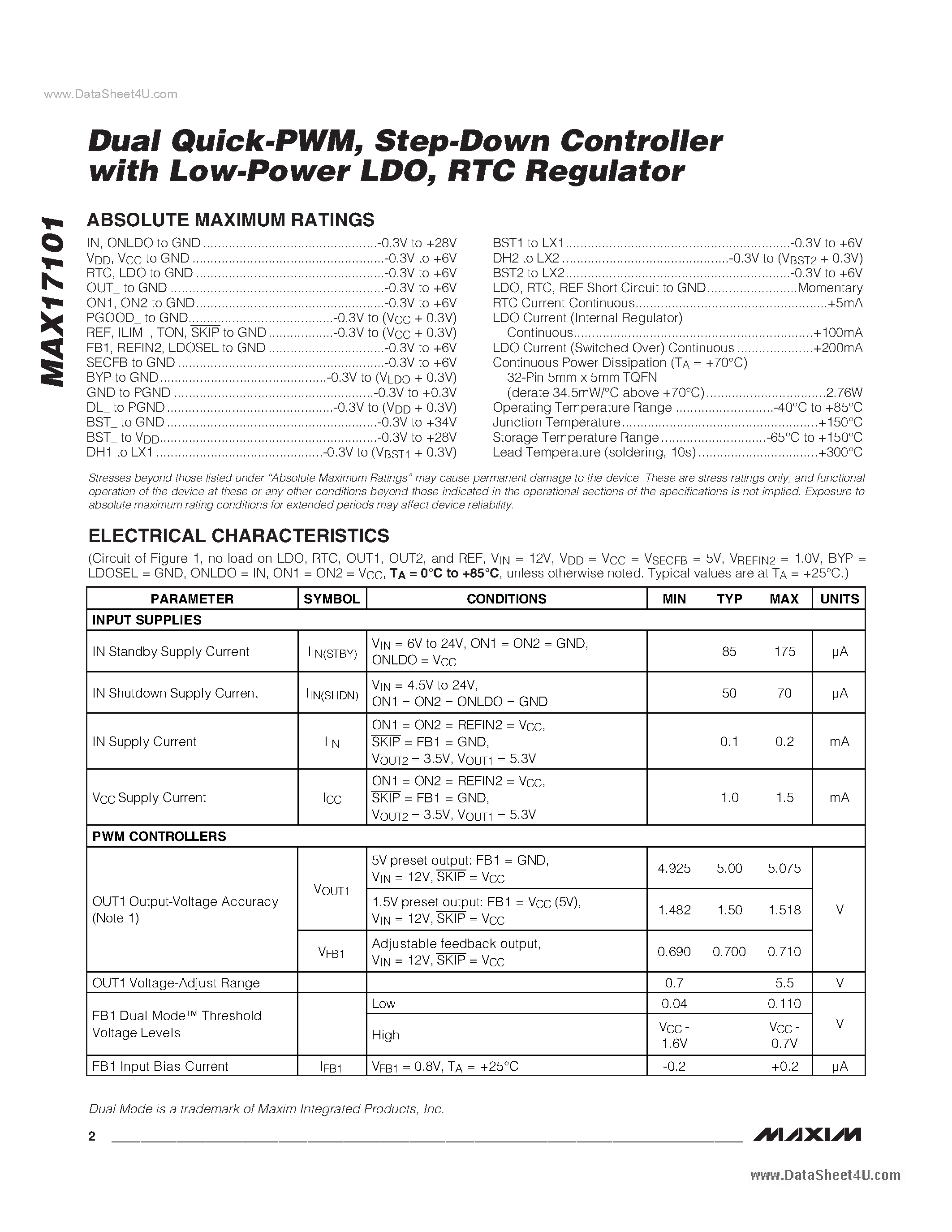 Datasheet MAX17101 page 2 Datasheet MAX17101 - Step-Down Controller page 2