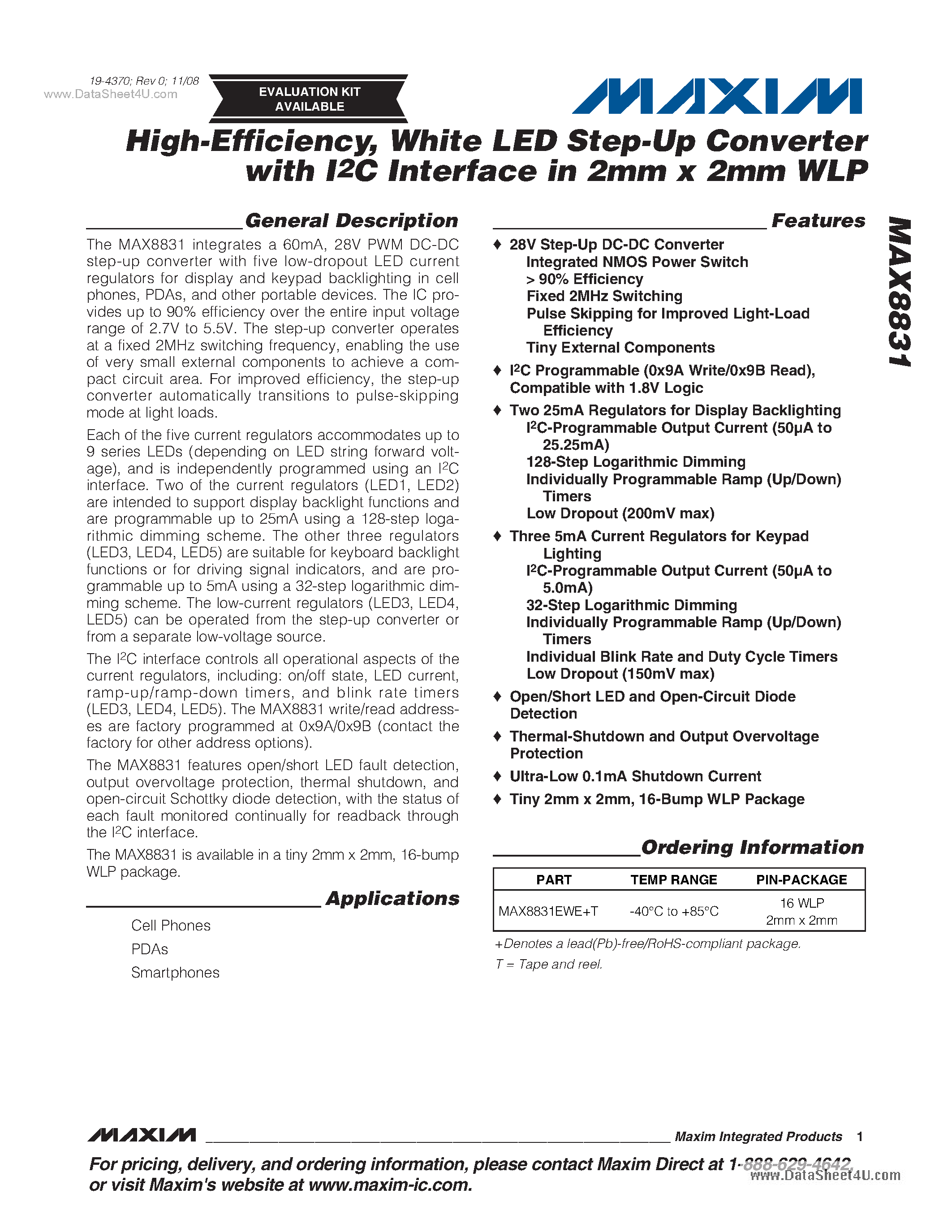 Datasheet MAX8831 - High Efficiency White LED Step-Up Converter page 1