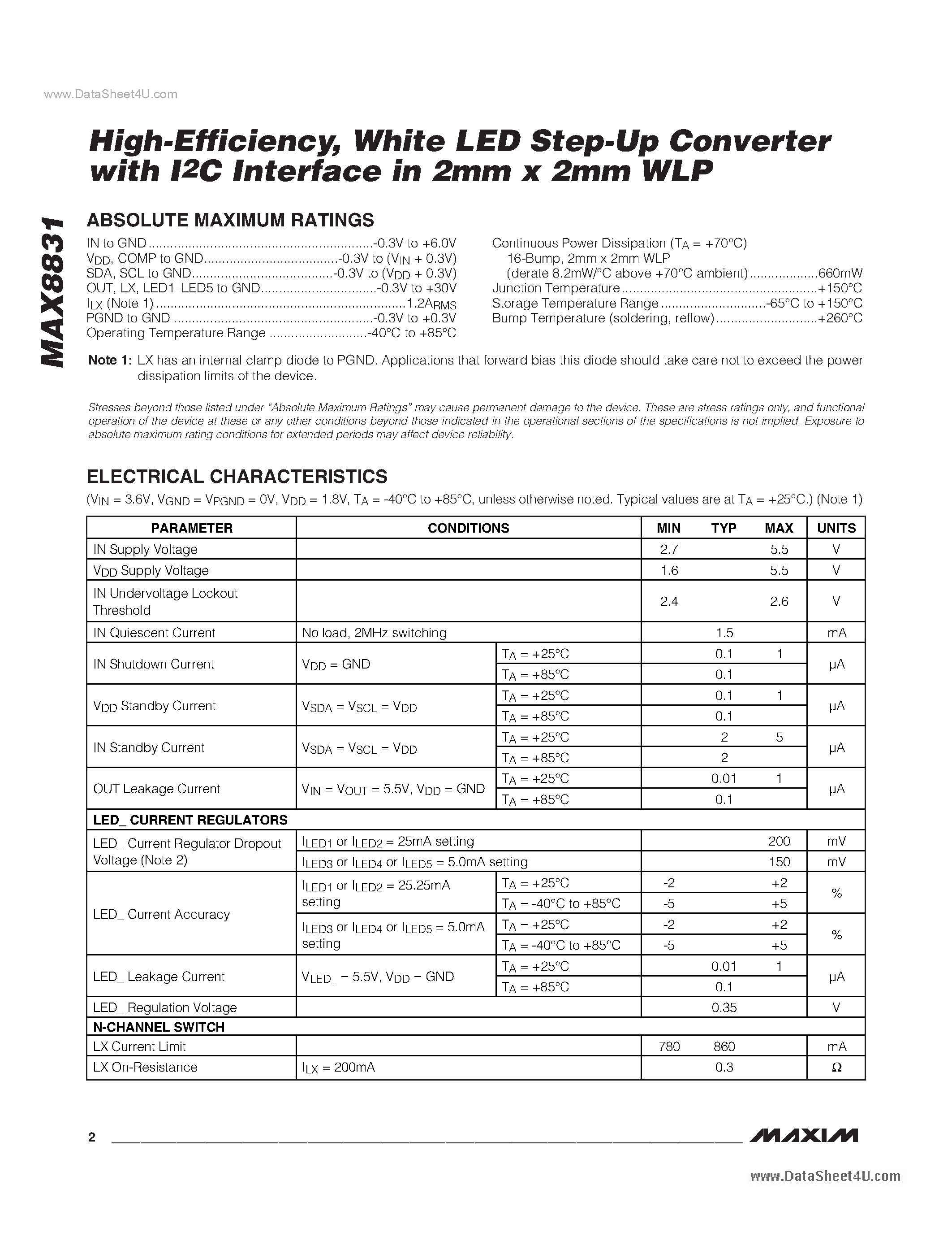 Datasheet MAX8831 - High Efficiency White LED Step-Up Converter page 2