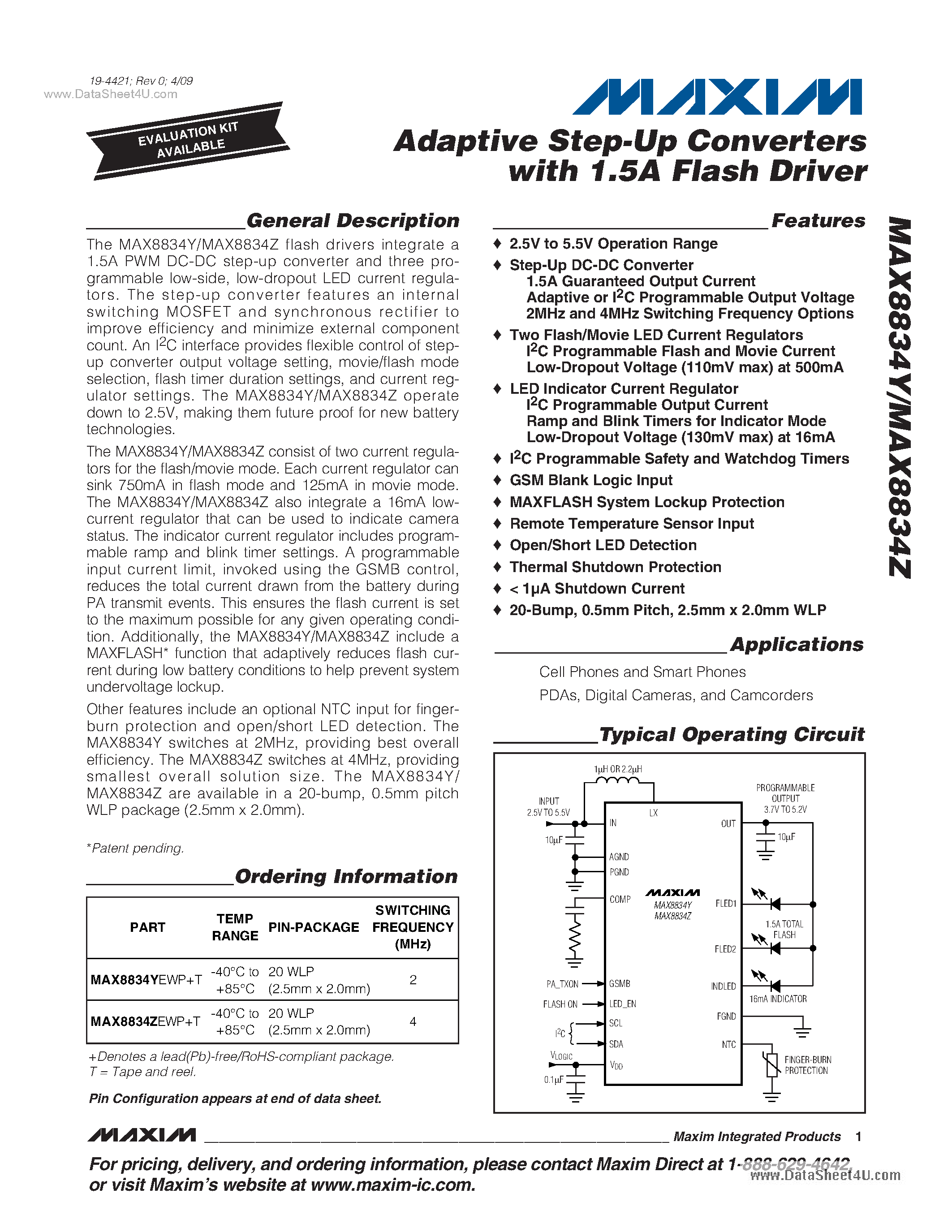 Datasheet MAX8834Y - Adaptive Step-Up Converters page 1