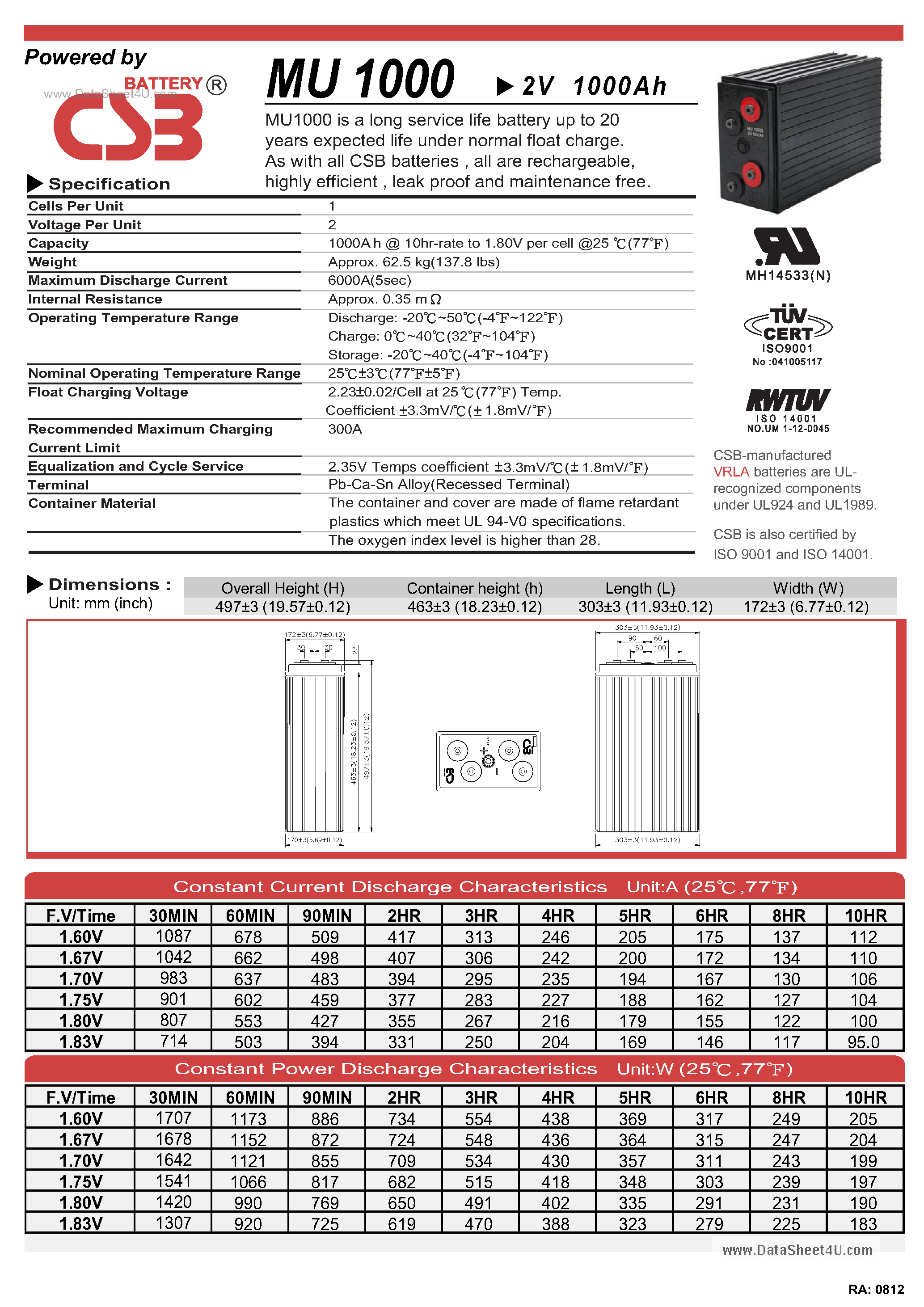 Datasheet MU1000 - a long service life battery up to 20years expected life under normal float charge page 1