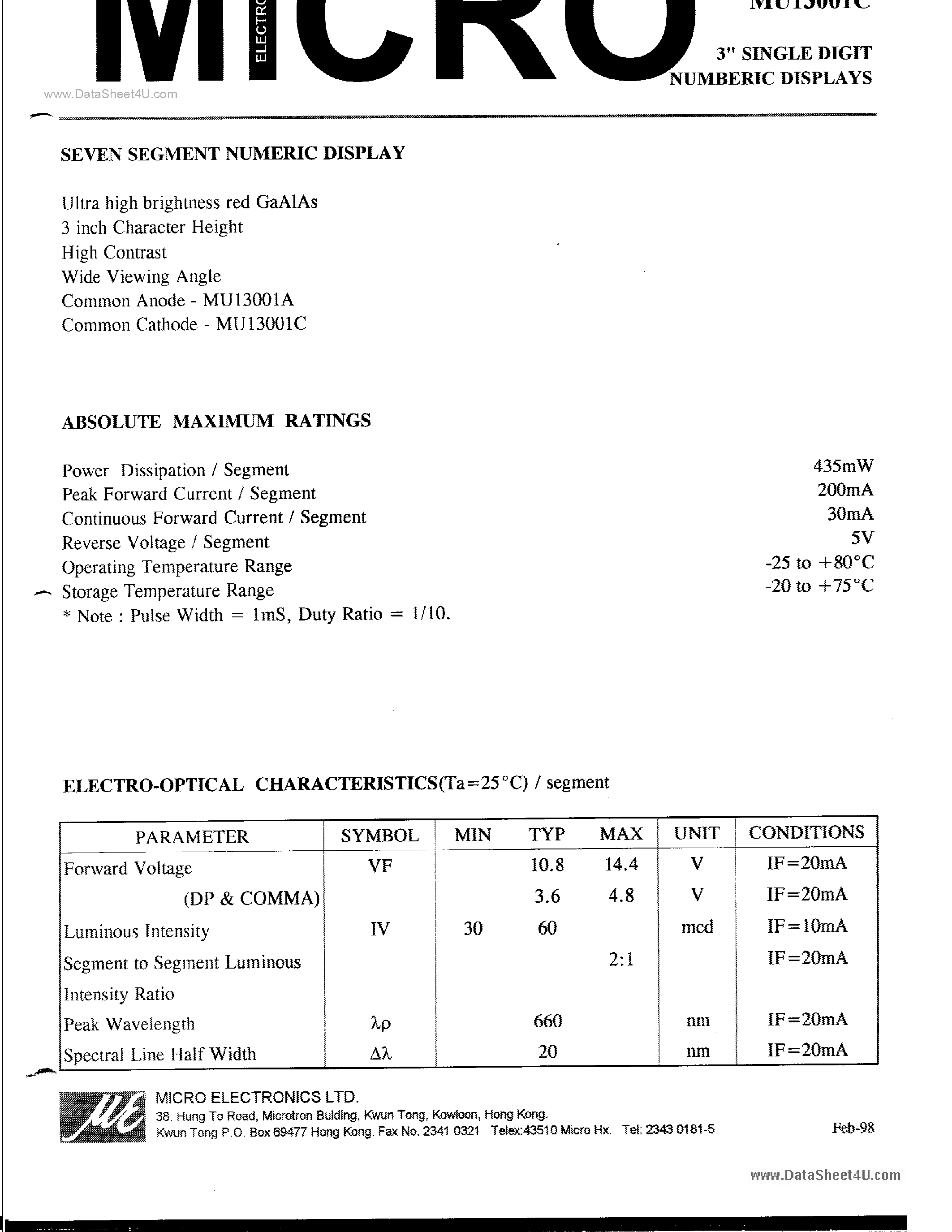 Datasheet MU13001A - 3 SINGLE DIGIT NUMBERIC DISPLAYS page 1