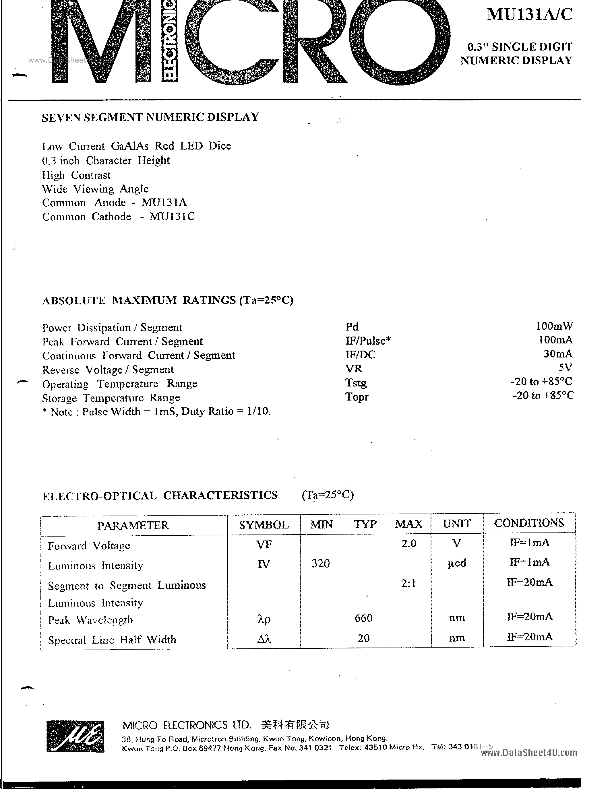 Datasheet MU131A - 0.3 SINGLE DIGIT NUMERIC DISPLAY page 1
