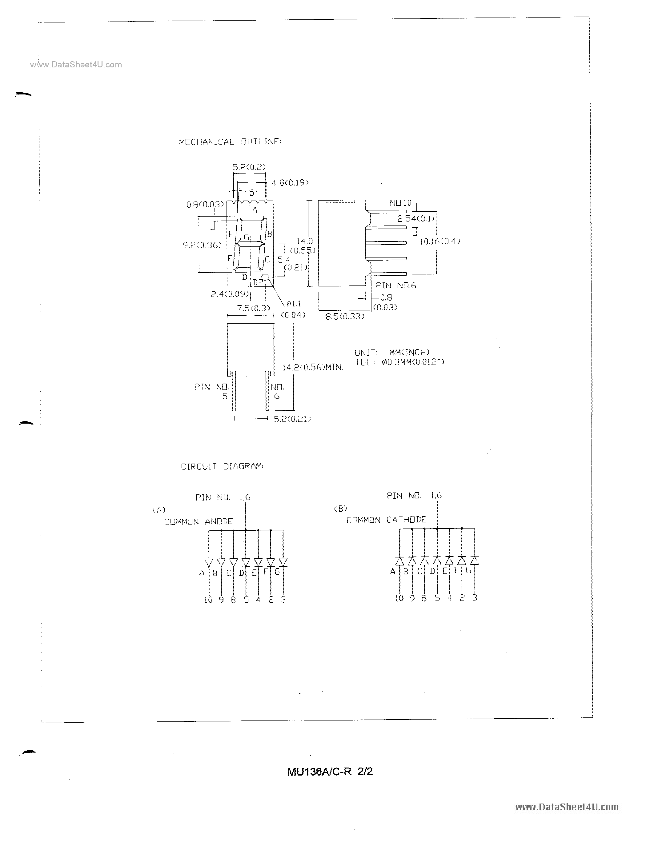 Даташит MU136A-R - 0.36 SINGLE DGIT NUMBERIC DISPLAYS страница 2