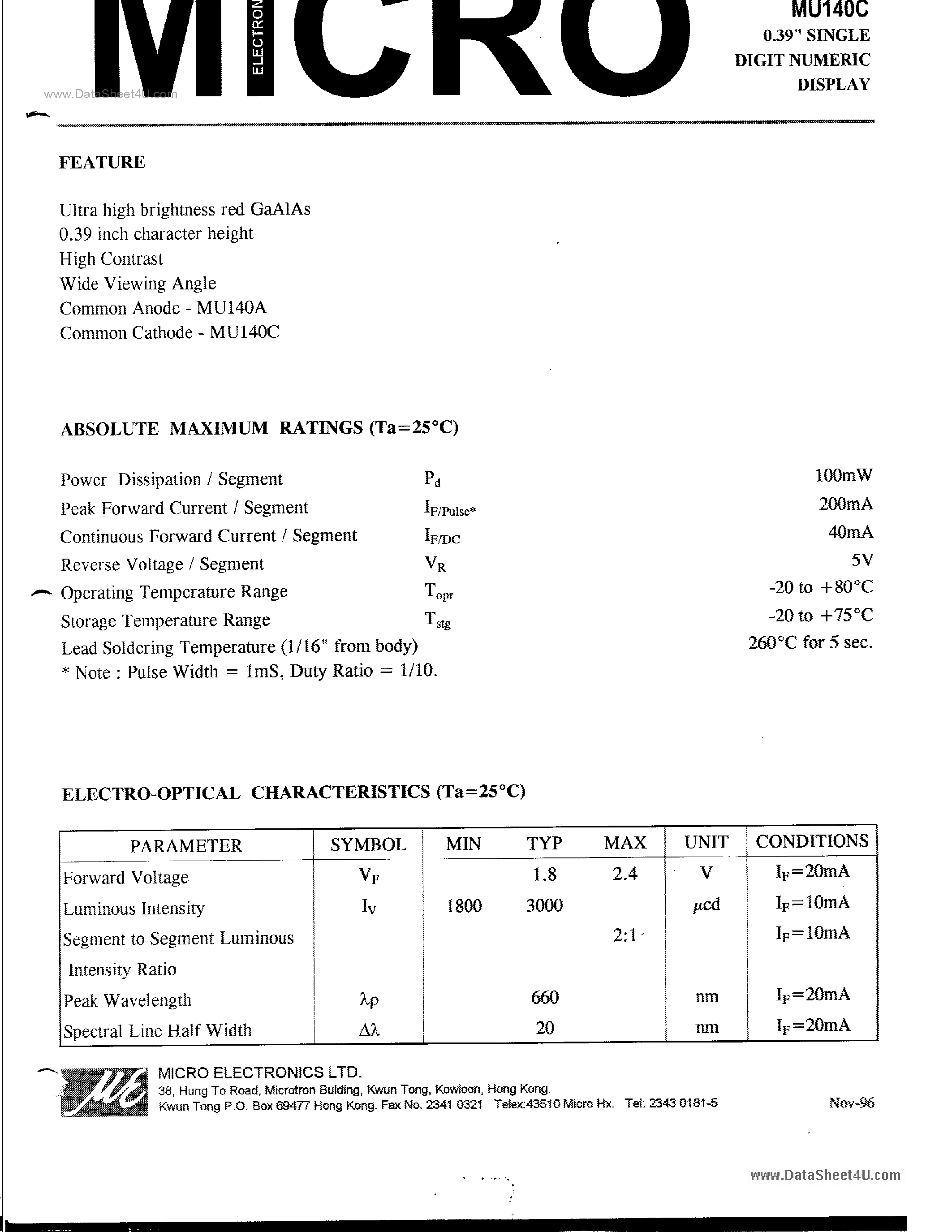 Datasheet MU140A - 0.39 SINGLE DIGIT NUMERIC DISPLAY page 1