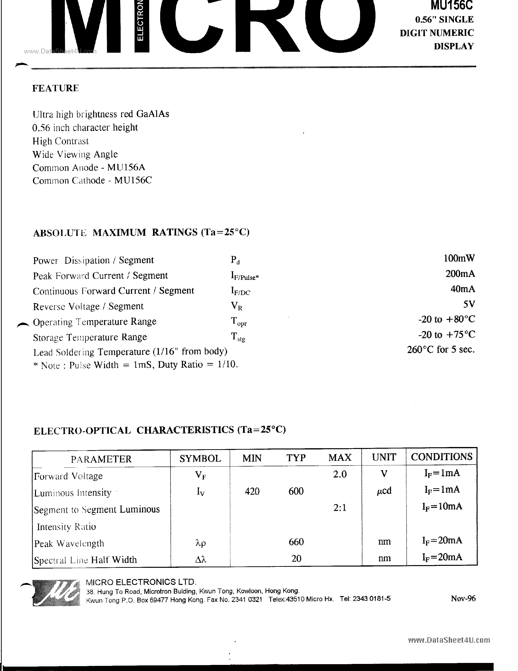 Datasheet MU156A - 0.56 SINGLE DIGIT NUMERIC DISPLAY page 1