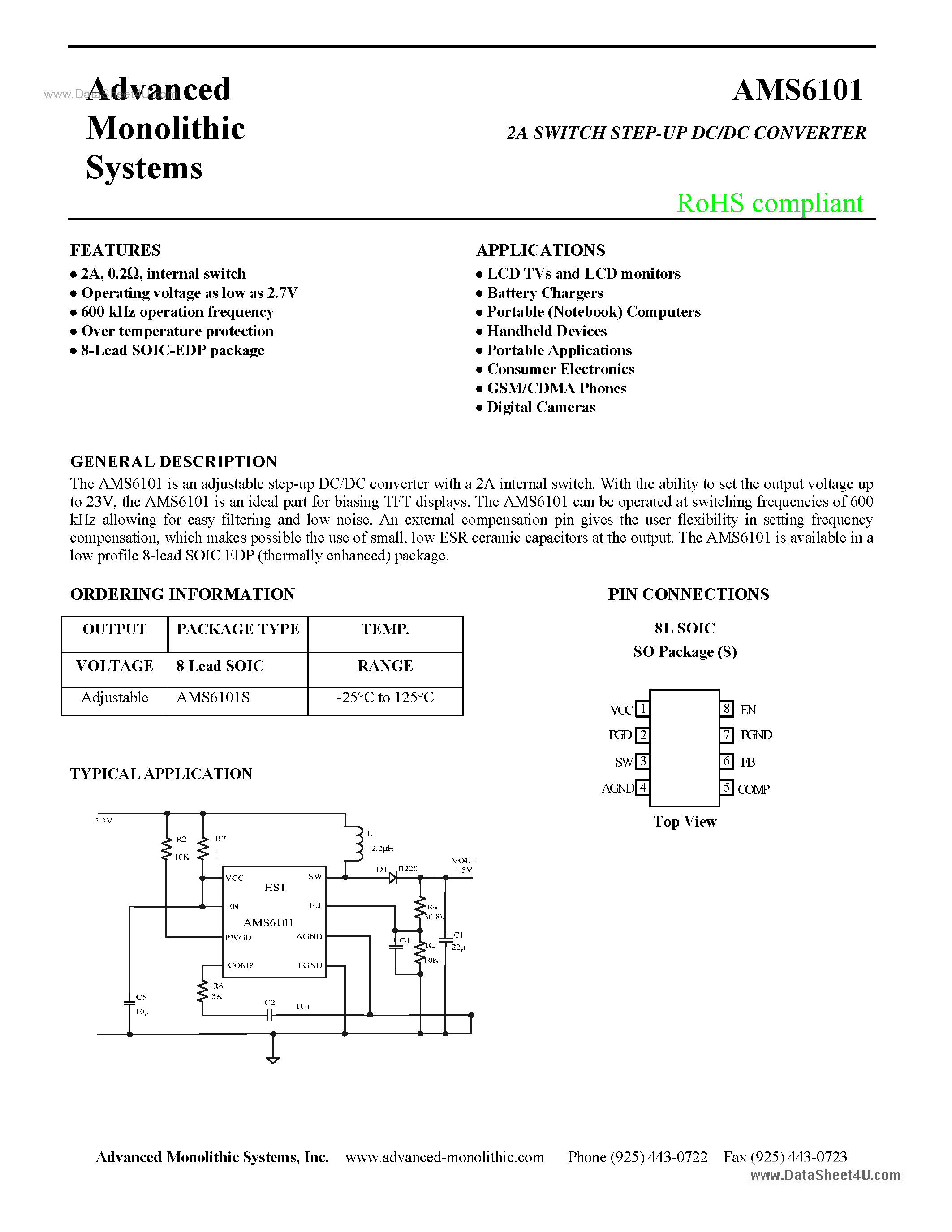 Даташит на микросхему AMS6101 страница 1 Даташит AMS6101 - 2A SWITCH STEP-UP DC/DC CONVERTER страница 1