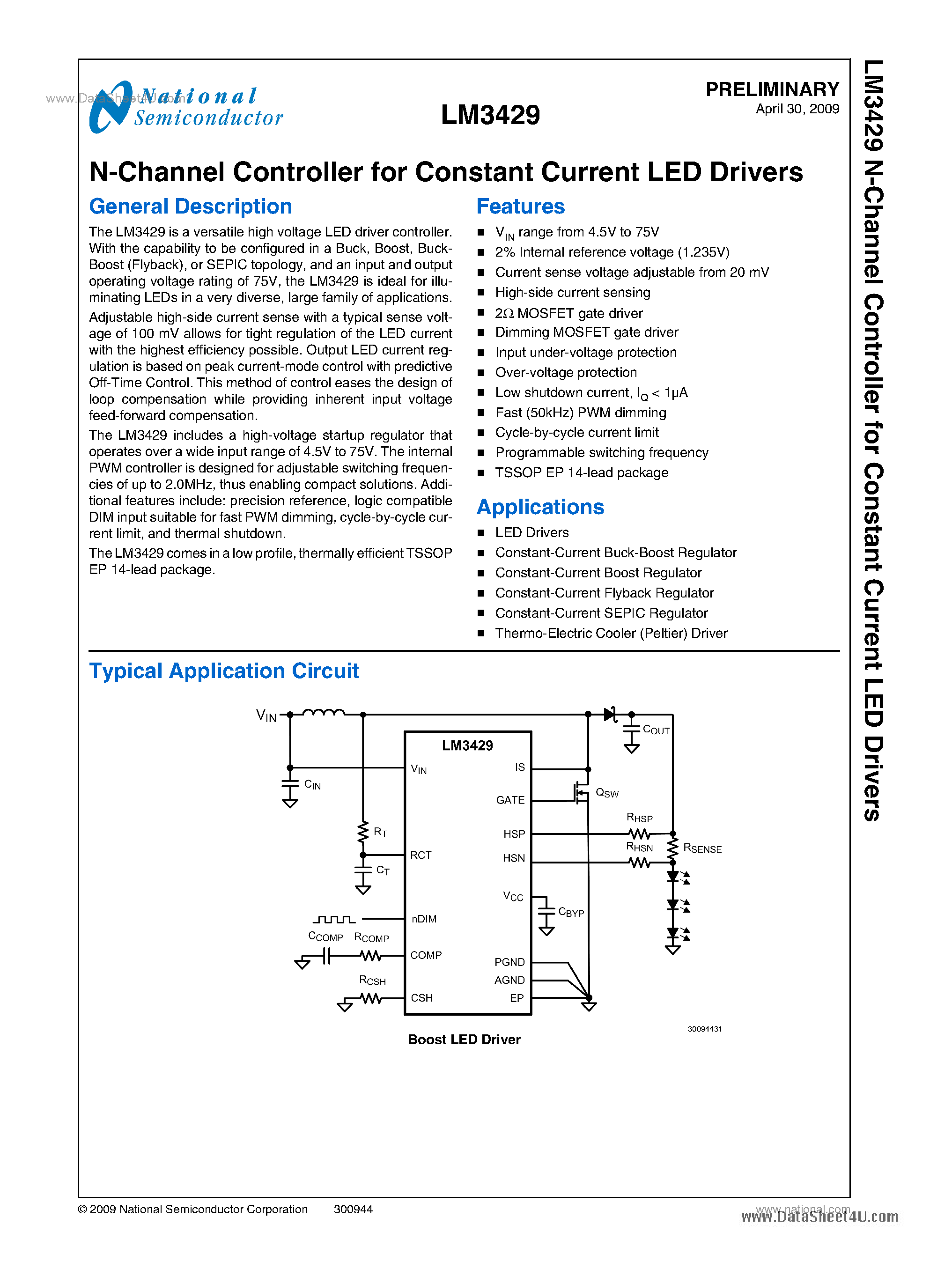 Datasheet LM3429 - N-Channel Controller page 1