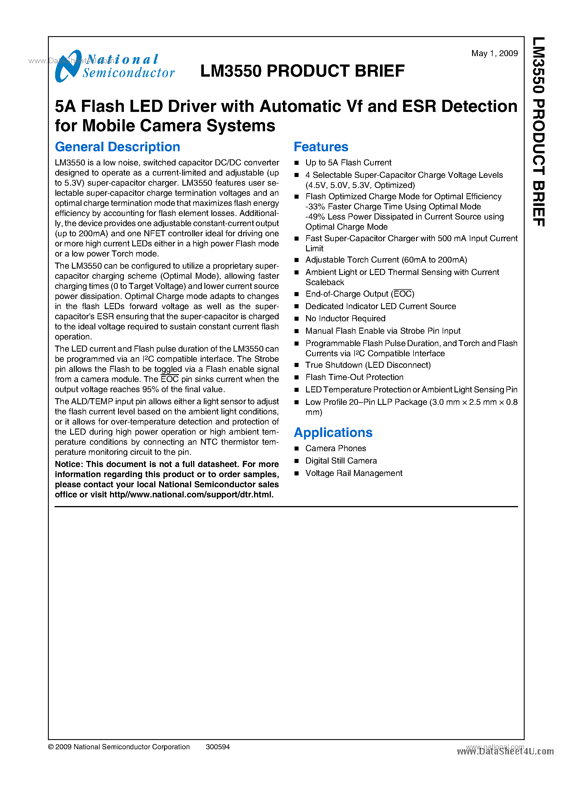 Datasheet LM3550 - 5A Flash LED Driver page 1