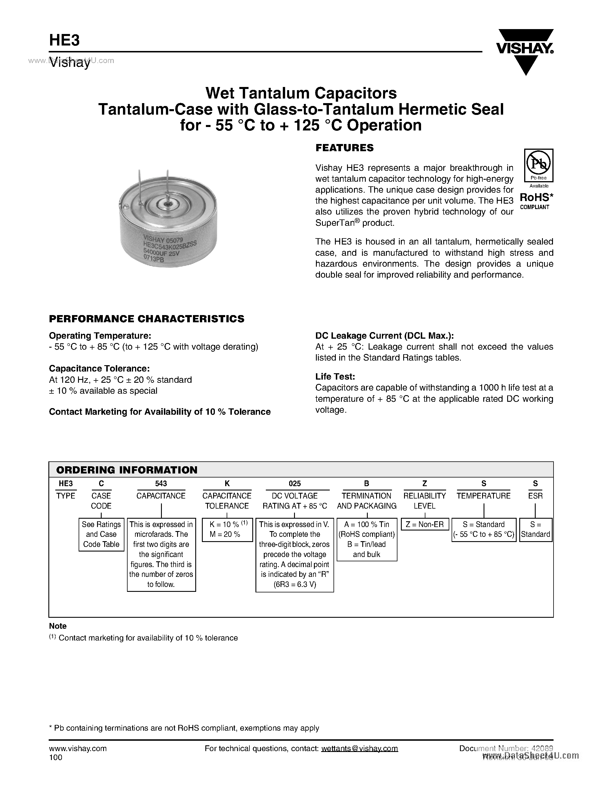Datasheet HE3 - Wet Tantalum Capacitors Tantalum-Case page 1