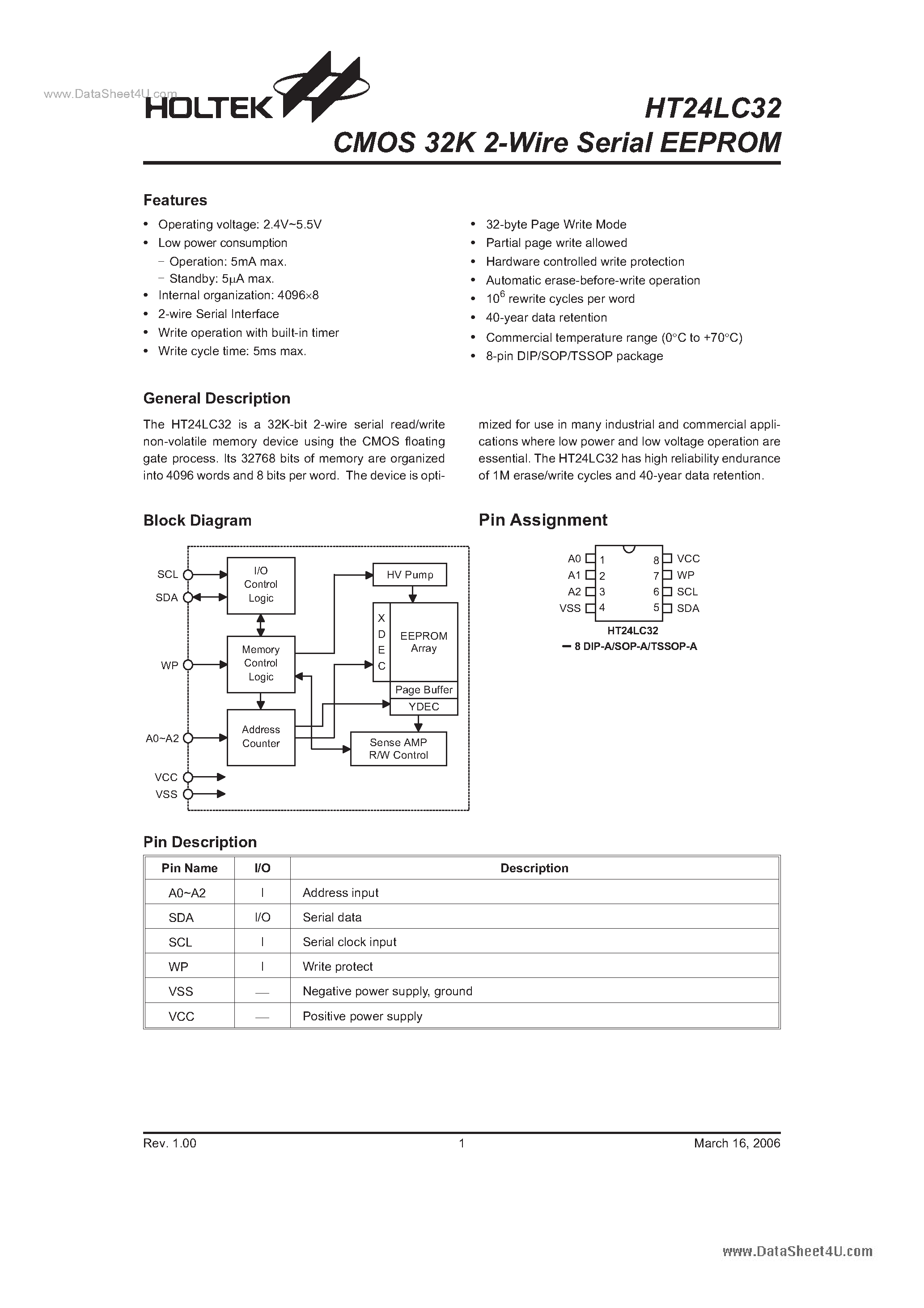 Datasheet HT24LC32 - CMOS 32K 2-Wire Serial EEPROM page 1