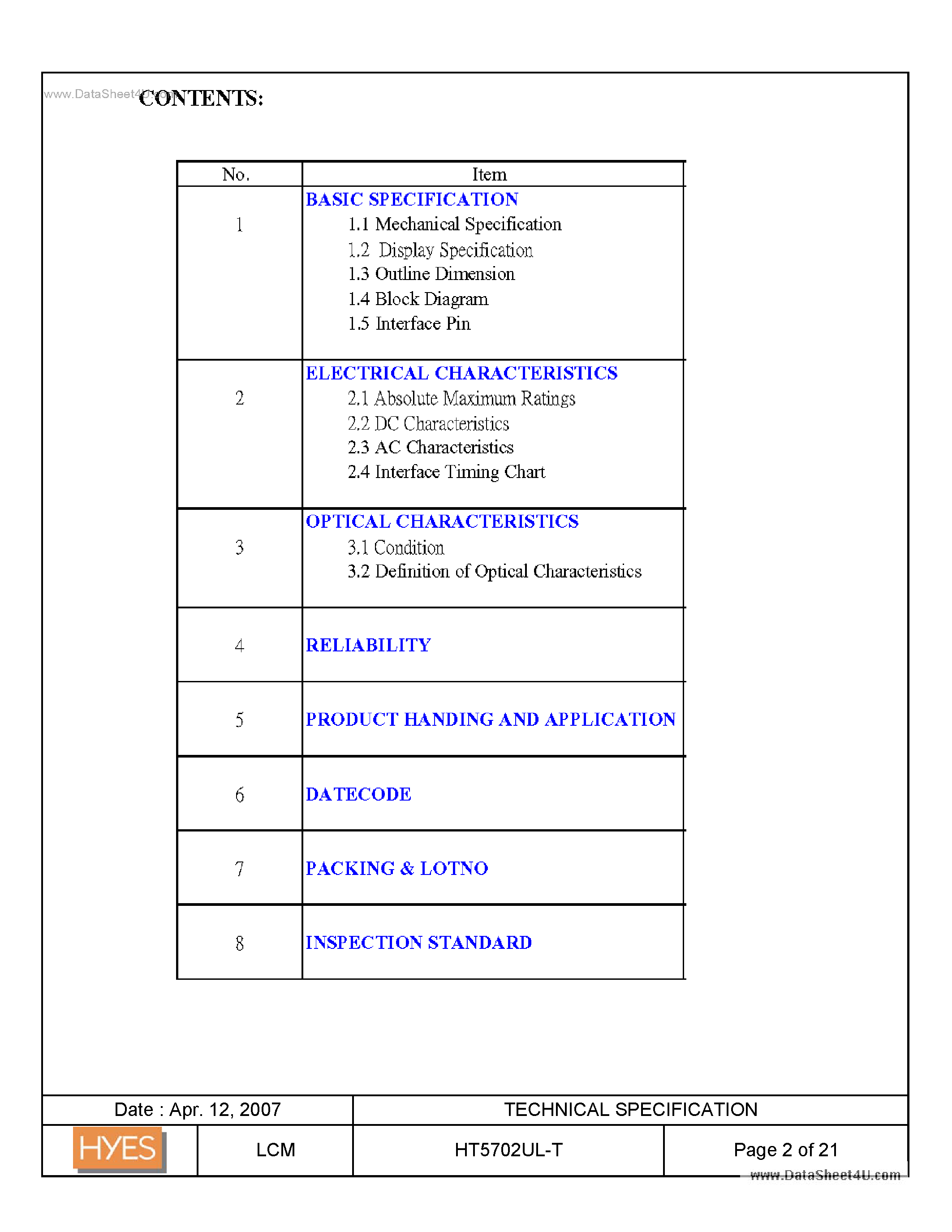 Datasheet HT5702UL-T - LCD MODULE page 2