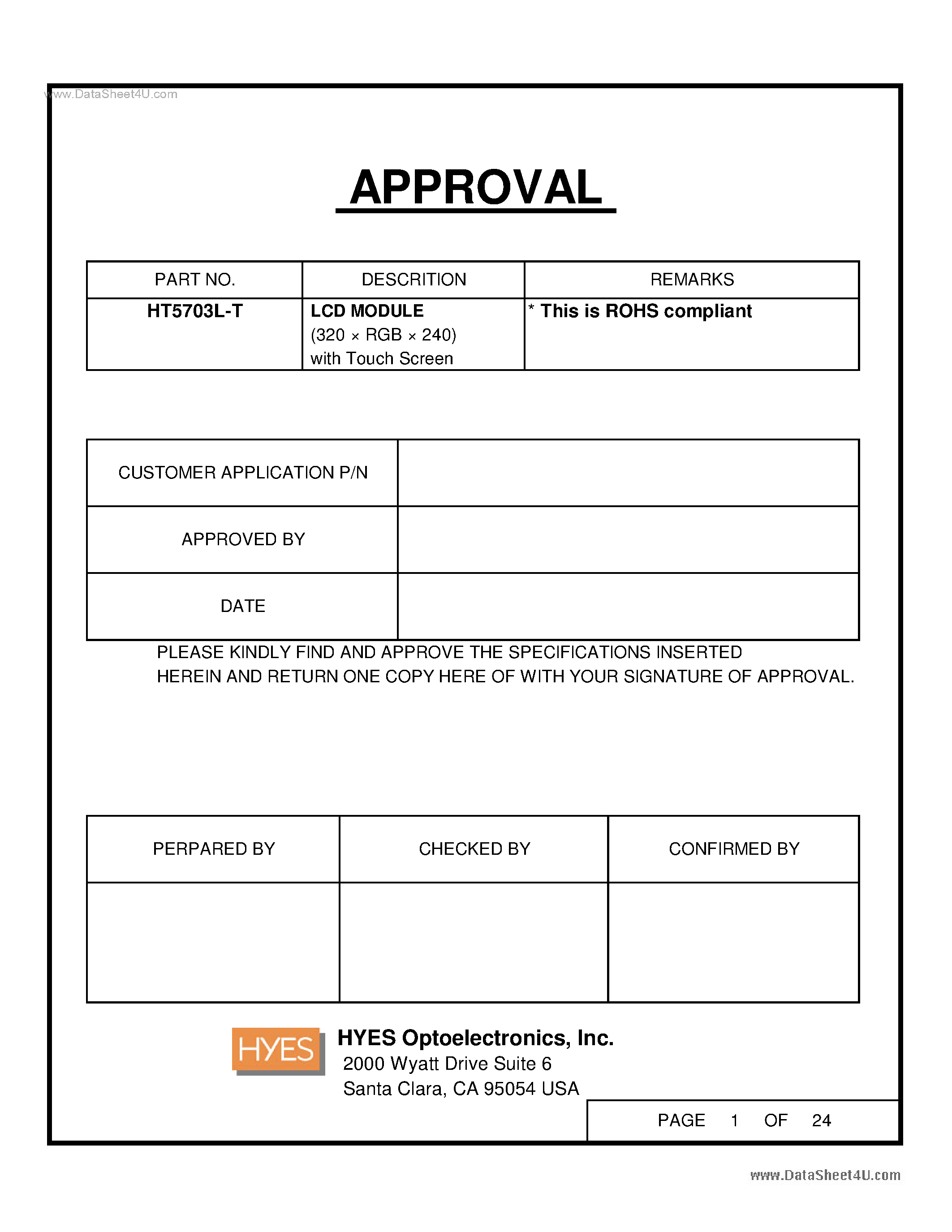 Datasheet HT5703L-T page 1 Datasheet HT5703L-T - LCD MODULE page 1