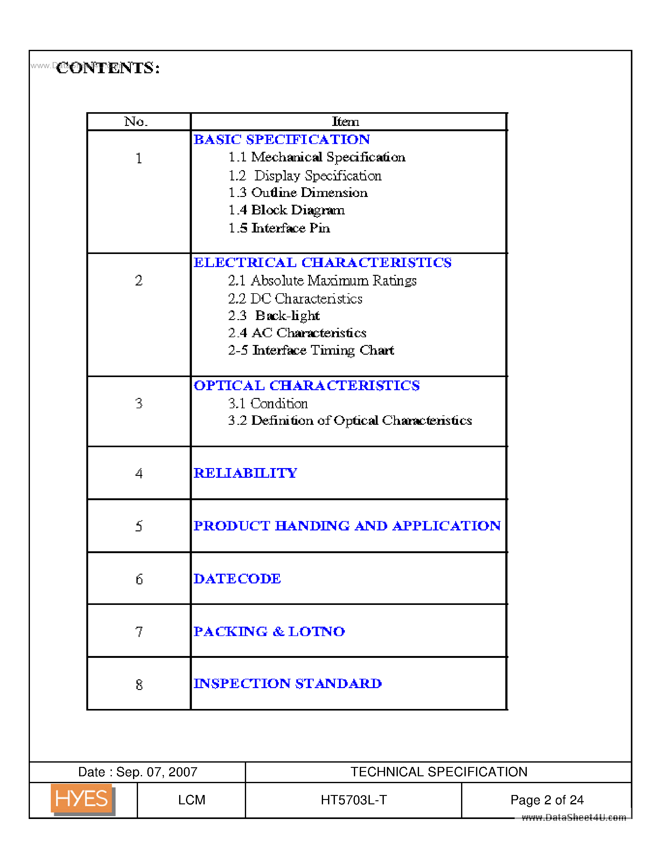 Datasheet HT5703L-T page 2 Datasheet HT5703L-T - LCD MODULE page 2