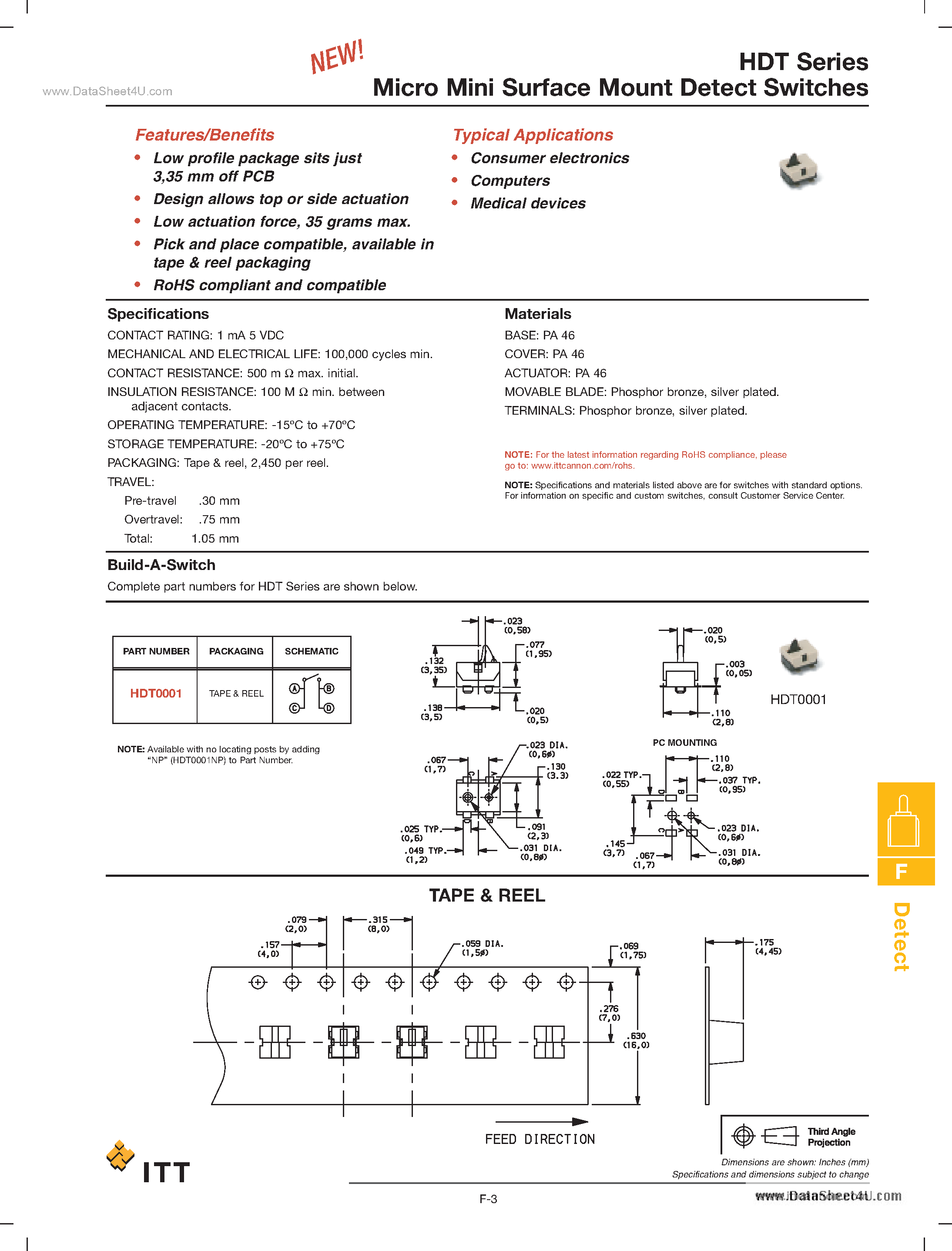 Даташит HDT - Micro Mini Surface Mount Detect Switches страница 1