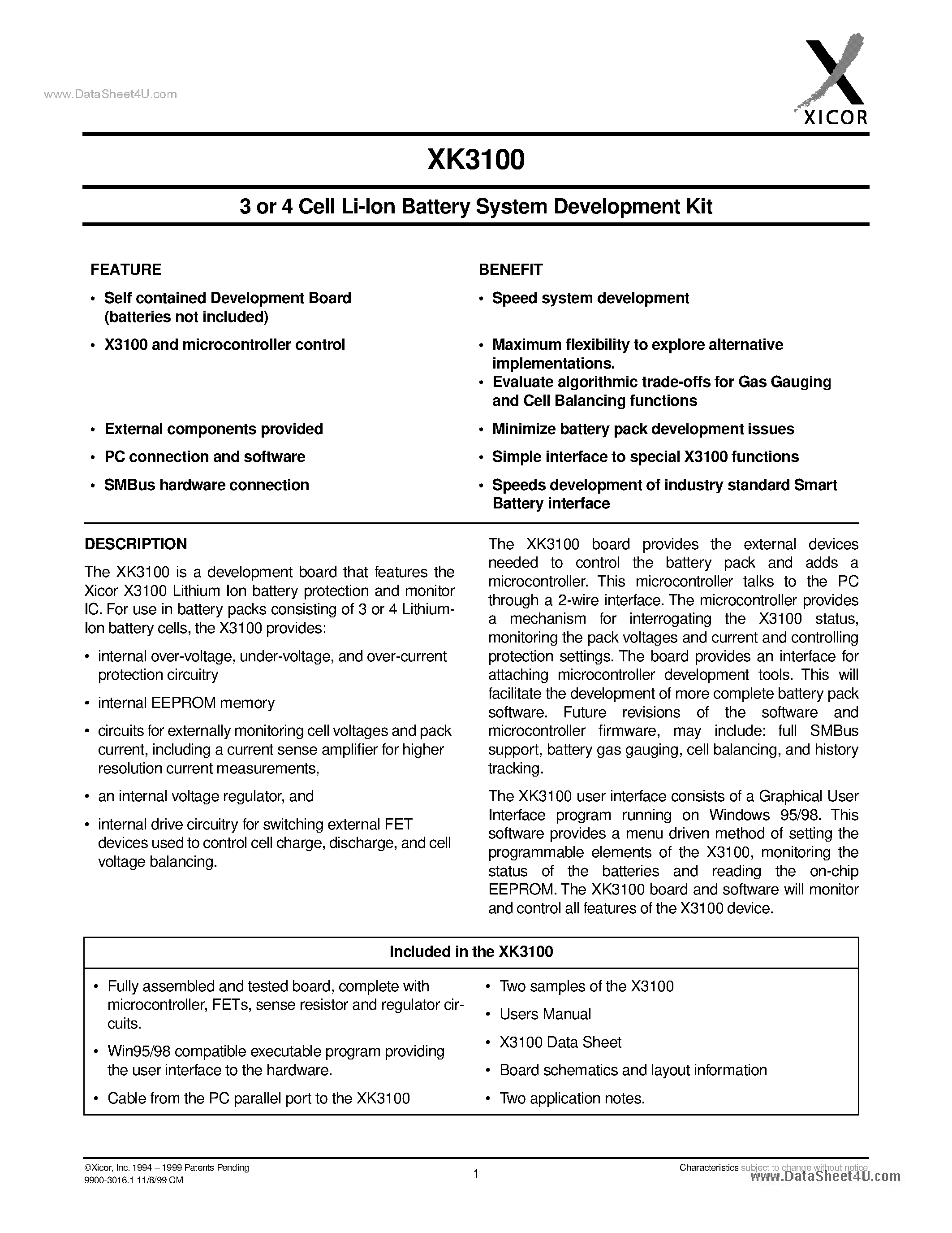 Datasheet XK3100 page 1 Datasheet XK3100 - 3 or 4 Cell Li-ion Battery System Development Kit page 1