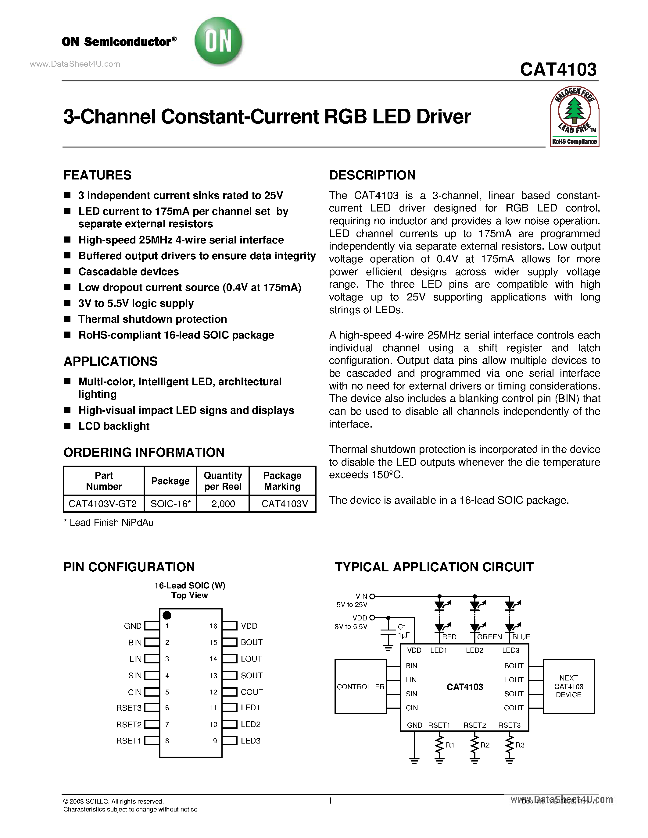 Datasheet CAT4103 page 1 Datasheet CAT4103 - 3-Channel Constant-Current RGB LED Driver page 1