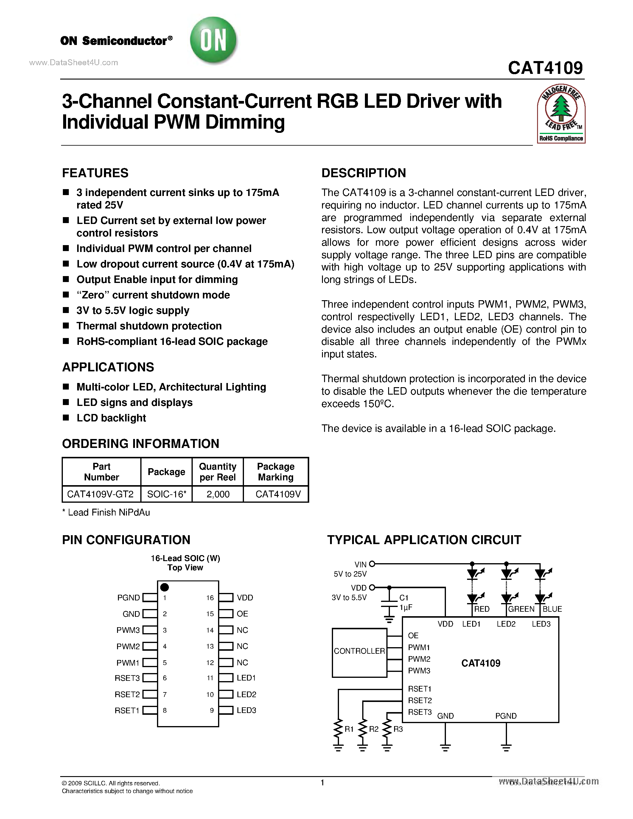 Datasheet CAT4109 page 1 Datasheet CAT4109 - 3-Channel Constant-Current RGB LED Driver page 1