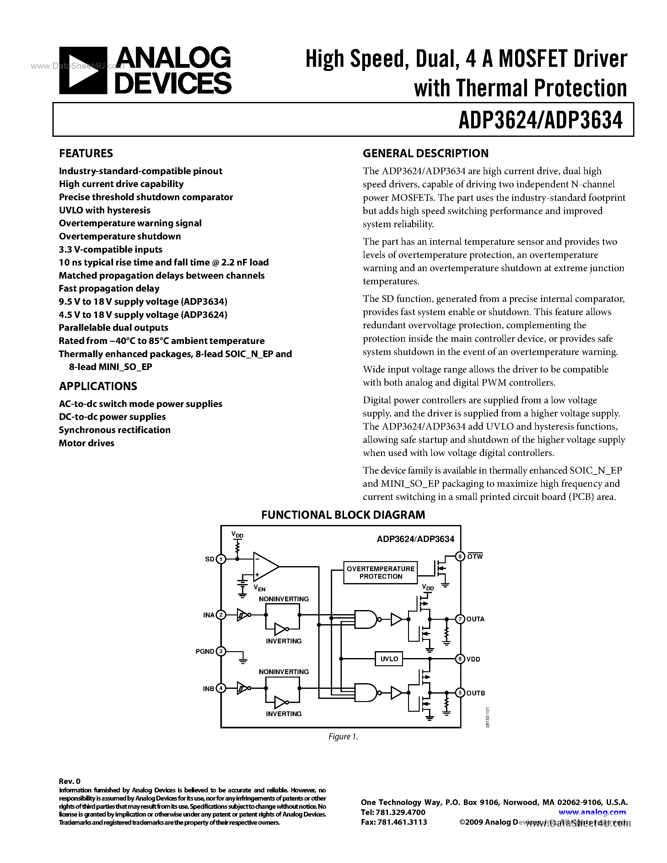 Даташит ADP3624 - (ADP3624 / ADP3634) 4A MOSFET Driver страница 1
