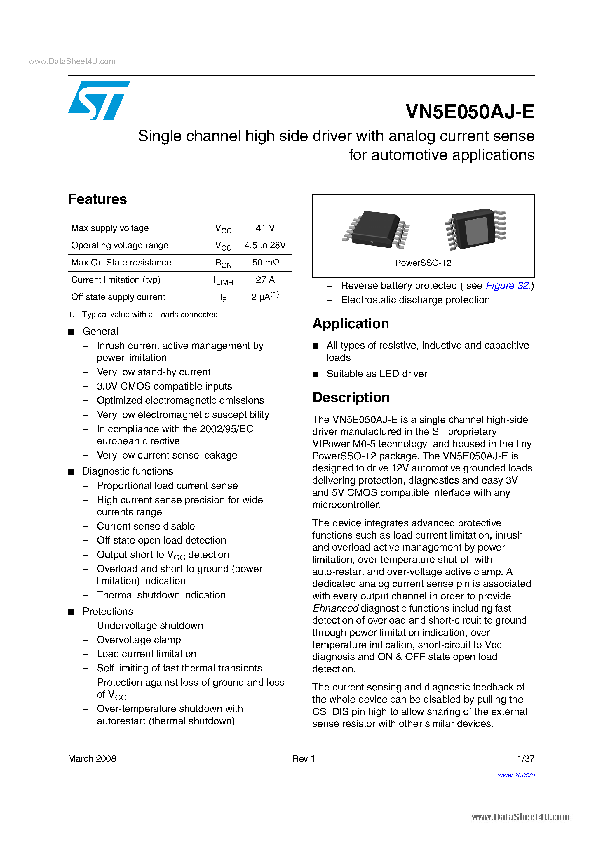 Даташит VN5E050AJ-E - Single channel high side driver страница 1