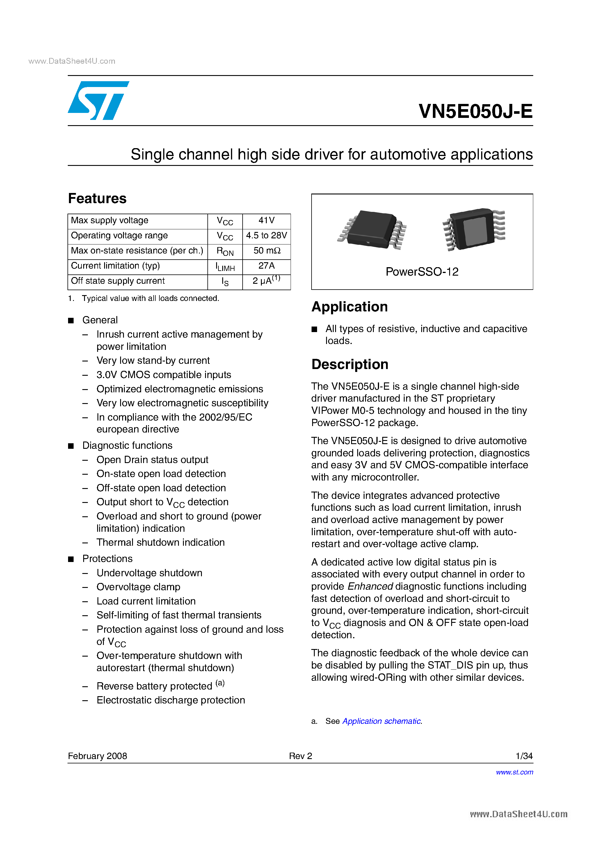Даташит VN5E050J-E - Single channel high side driver страница 1