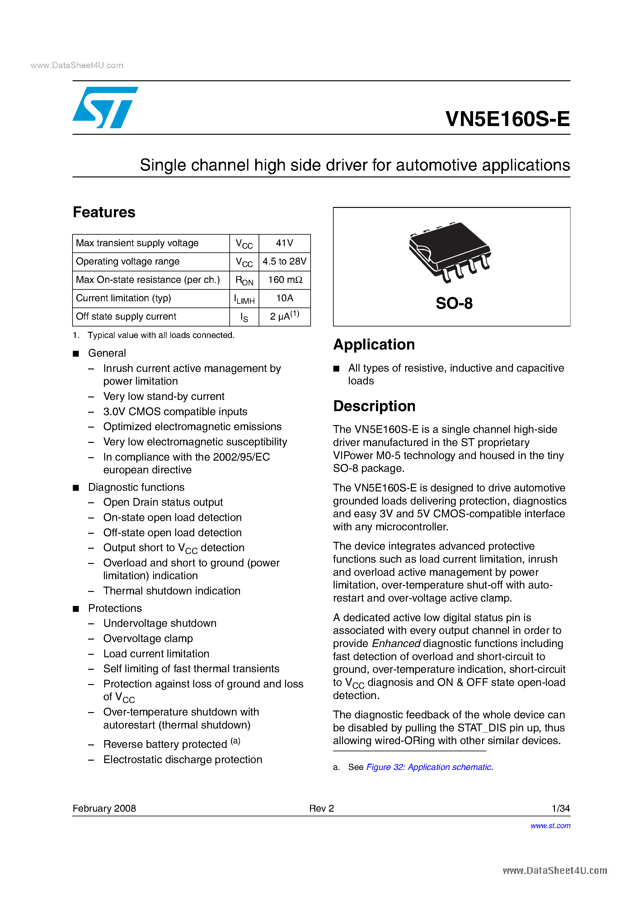 Datasheet VN5E160S-E page 1 Datasheet VN5E160S-E - Single channel high side driver page 1