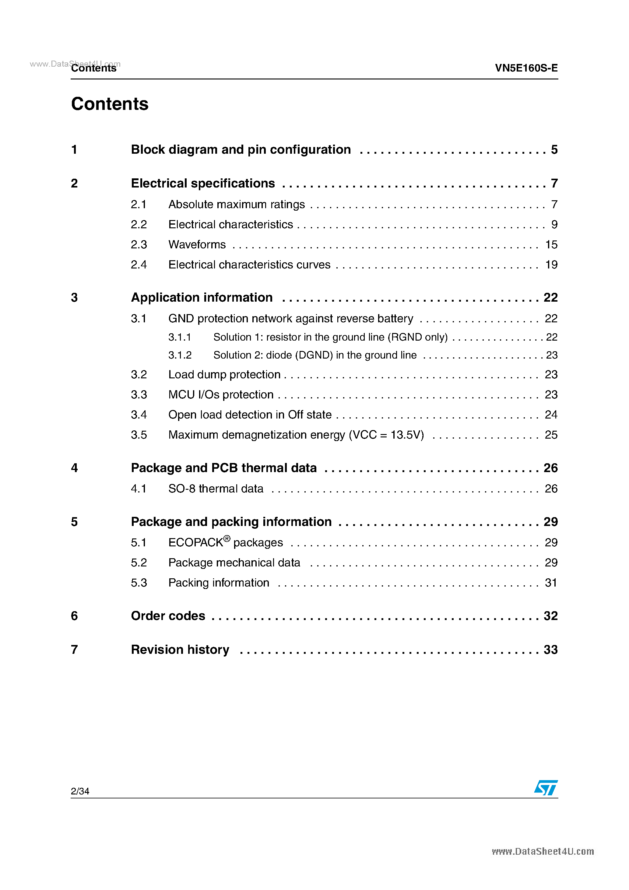 Datasheet VN5E160S-E page 2 Datasheet VN5E160S-E - Single channel high side driver page 2