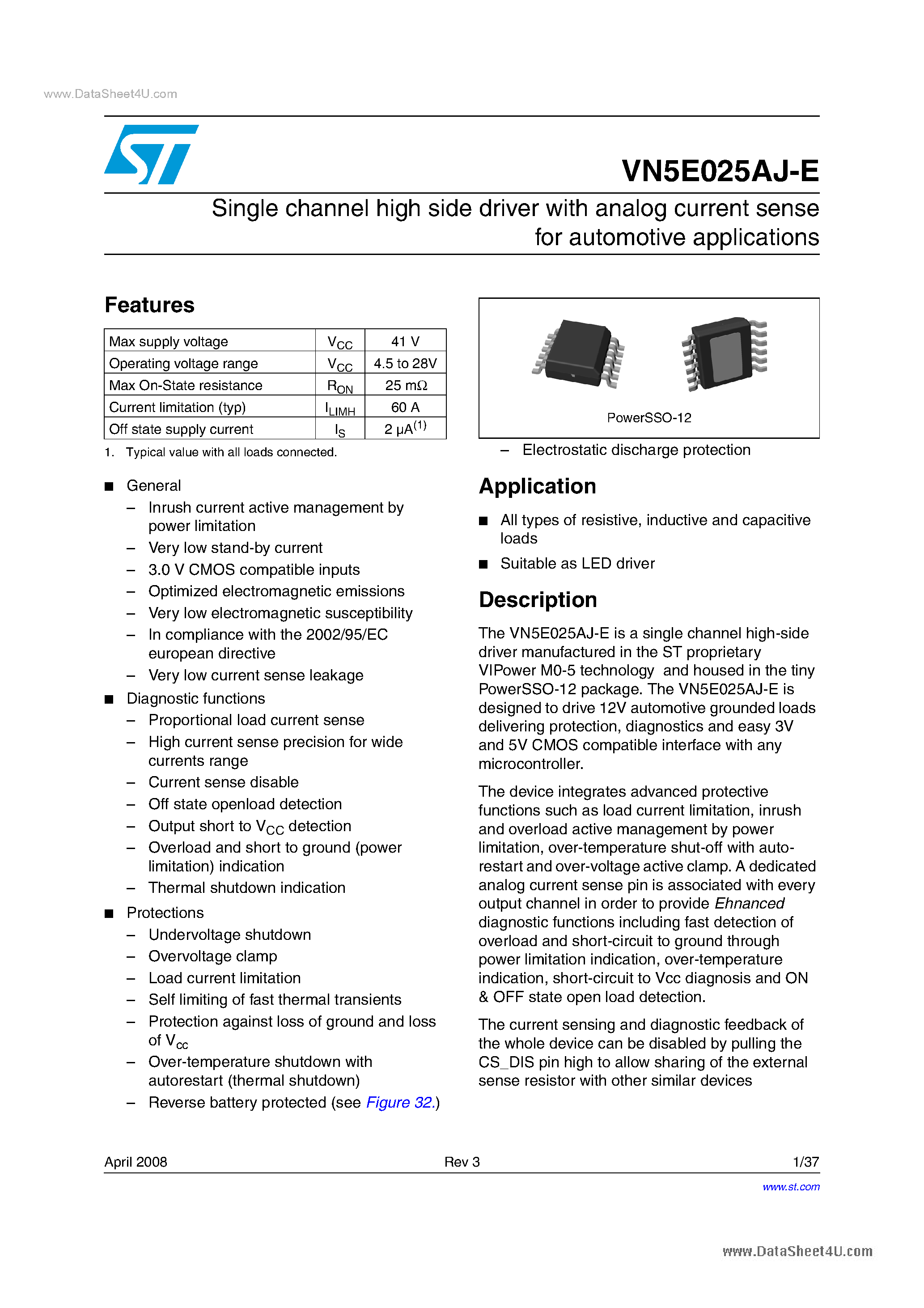 Даташит VN5E025AJ-E - Single channel high side driver страница 1