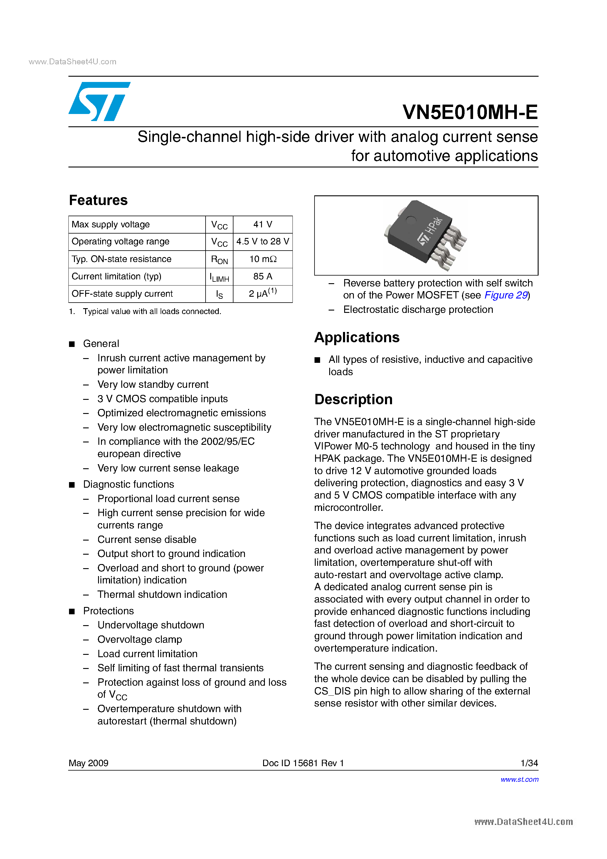 Даташит VN5E010MH-E - Single-channel high-side driver страница 1