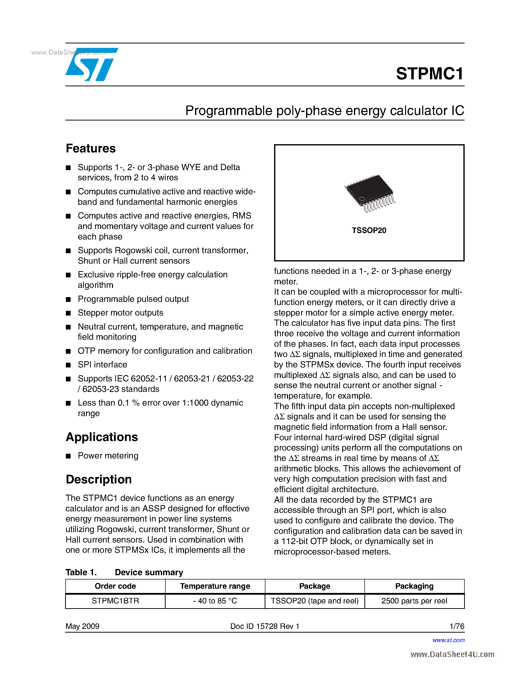 Datasheet STPMC1 - Programmable poly-phase energy calculator IC page 1